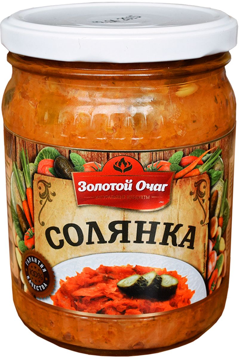 Золотой Очаг солянка, 500 мл0120710 Золотой Очаг солянка, 500 мл0120710Способ приготовления:Первообеденное блюдо: Содержимое банки развести водой в соотношении 1:1,5 и кипятить 3-4 минуты. Второобеденное блюдо/закуска: Содержимое банки разогреть.