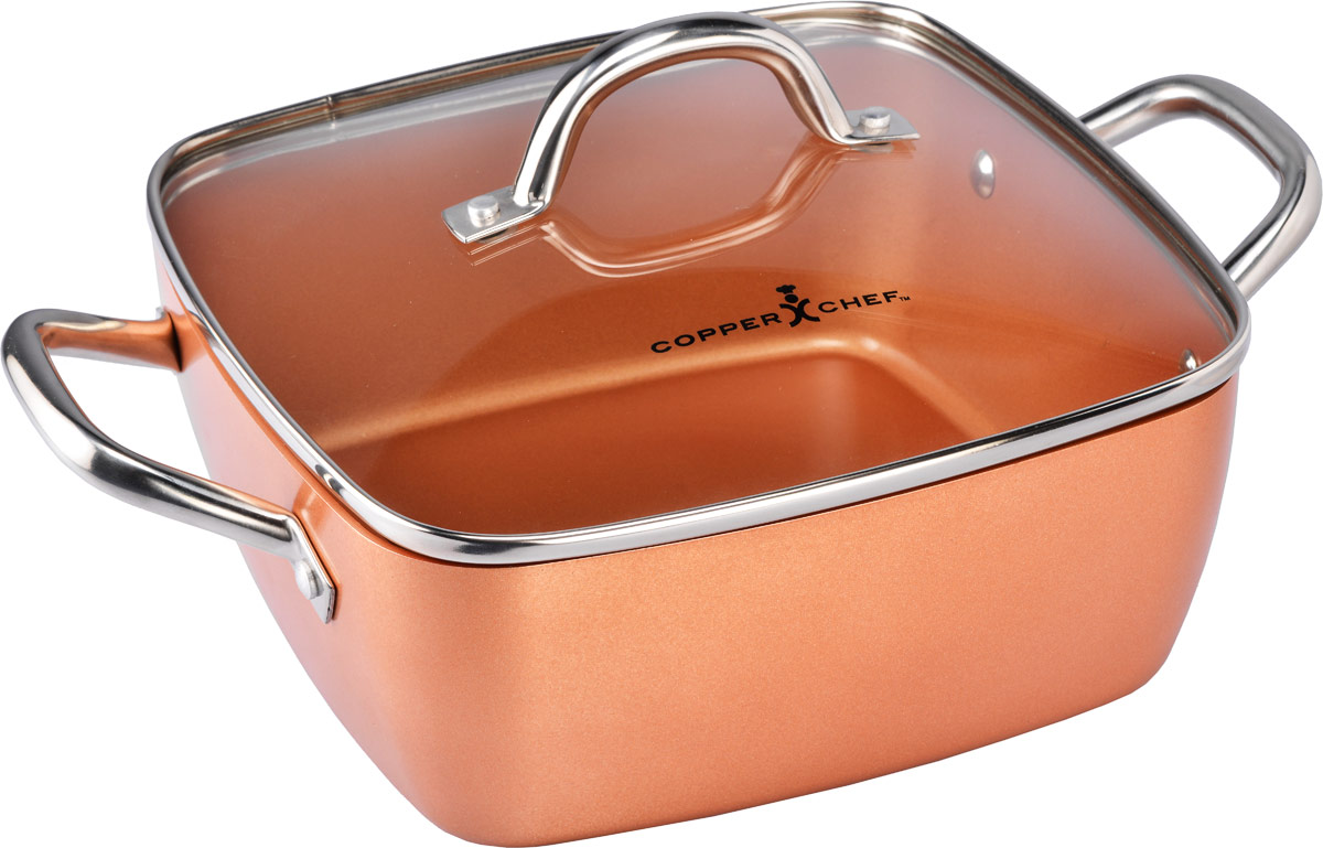 Кастрюля Copper Chef с крышкой, с керамическим покрытием, квадратная, 4,96 л94672 Кастрюля Copper Chef с крышкой, с керамическим покрытием, квадратная, 4,96 л94672Квадратная кастрюля Copper Chef изготовлена из высококачественного алюминия с антипригарным керамическим покрытием. Благодаря керамическому покрытию пища не пригорает и не прилипает к поверхности кастрюли, что позволяет готовить с минимальным количеством масла. Кроме того, такое покрытие абсолютно безопасно для здоровья человека.Достоинства керамического покрытия: - устойчивость к высоким температурам и резким перепадам температур; - устойчивость к царапающим кухонным принадлежностям и абразивным моющим средствам; - устойчивость к коррозии; - водоотталкивающий эффект; - покрытие способствует испарению воды во время готовки; - длительный срок службы; - безопасность для окружающей среды и человека. Изделие оснащено ручками, выполненными из нержавеющей стали, и стеклянной крышкой с отверстием для выхода пара. Кастрюля подходит для использования на газовых электрических, стеклокерамических плитах, а также на индукционных. Можно мыть в посудомоечной машине. Эксклюзивный американский бренд Copper Chef, впервые вышедший на российский рынок! При изготовлении посуды используется высокопрочное керамическое антипригарное покрытие, которое является самой современной технологией в сфере изготовления керамических покрытий. Посуда Copper Chef подойдет как шеф-повару пятизвездочного ресторана, так и простому любителю благодаря дизайну, безупречному качеству и доступной цене.Размер кастрюли: 24 х 24 см. Размер дна: 21 х 21 см. Высота стенки: 9,5 см. Ширина кастрюли (с учетом ручек): 35,5 см.