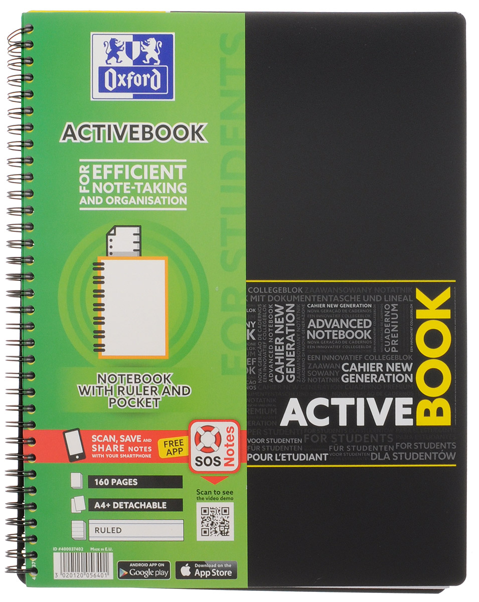 Oxford Тетрадь Sos Notes Activebook 80 листов в линейку цвет желтый72523WD Oxford Тетрадь Sos Notes Activebook 80 листов в линейку цвет желтый72523WDКрасивая и практичная тетрадь Oxford Sos Notes Activebook отлично подойдет для школьников, студентов и офисных служащих. Тетрадь формата А4+ состоит из 80 листов белой бумаги с четкой яркой линовкой в полоску. Обложка тетради выполнена из плотного но гибкого полипропилена с закругленными уголками.Благодаря специальным меткам на каждой странице и бесплатному приложению SOS Notes для вашего телефона или планшета, вы сможете всегда легко перенести ваши записи и зарисовки с бумажной страницы в смартфон или на компьютер.Это прекрасное сочетание тетради и органайзера, так как включает в себя внутренний кармашек для хранения документов и закладку-линейку со справочной информацией.