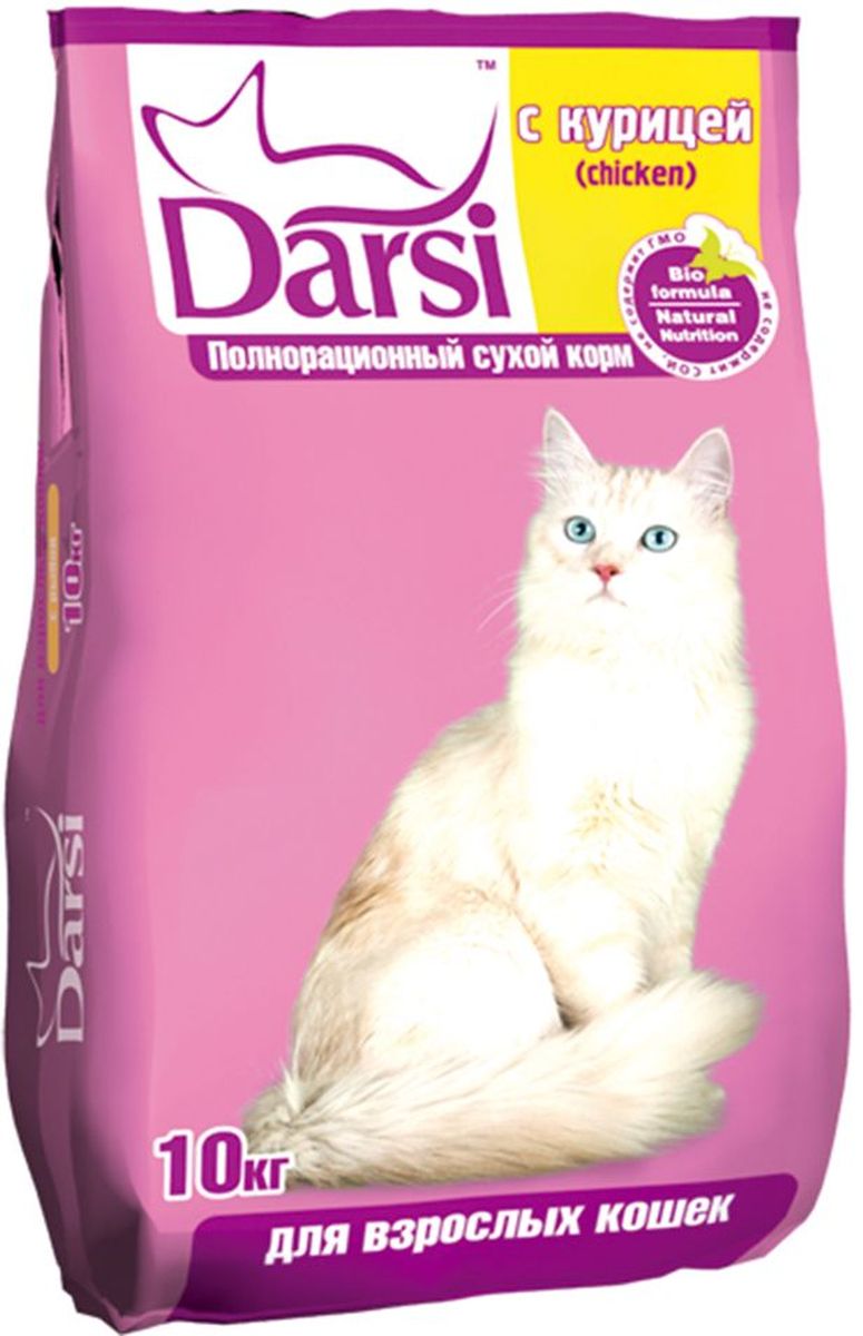 Корм сухой Darsi для кошек, с курицей, 10 кг. 01770120710 Корм сухой Darsi для кошек, с курицей, 10 кг. 01770120710Полнорационный сухой корм для кошек, с курицей. Состав: злаки и продукты их переработки, мясо и субпродукты животного происхождения (мин. 4% птицы), рыба и продукты из рыбы, масла и жиры, витамины и минеральные вещества. Пищевая ценность: протеин - 30,0%, жир - 10,0 %, зола - 9,0%, клетчатка - 3,0%, влажность не более 10,0%, кальций -19,0 г/кг, фосфор - 13,0 г/кг, медь - 10 мг/кг, витамин А - 24 000 МЕ/кг, витамин D3 - 2 000 МЕ/кг, витамин Е - 110 мг/кг. Энергетическая ценность на 100 г: 327 ккал