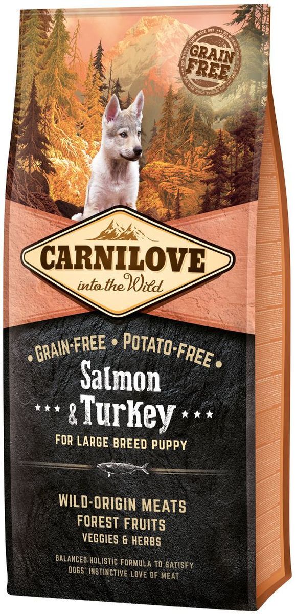 Корм сухой Carnilove, для щенков крупных пород, беззерновой, с лососем и индейкой, 12 кг0120710 Корм сухой Carnilove, для щенков крупных пород, беззерновой, с лососем и индейкой, 12 кг0120710Сбалансированный полнорационный сухой беззерновой корм для щенков крупных пород (? 25 кг, 3 – 30 месяцев). Cостав: мука из лосося (25%), мука из индейки (20%), желтый горох (18%), куриный жир (консервирован токоферолами, источником витамина е, 9%), цельные яйца (5%), гидролизованный куриный протеин (5%), крахмал из тапиоки (5%), яблоки (3%), куриная печень (3%), рыбий жир лососевый (2%), морковь (1%), льняное семя (1%), нут (1%), гидролизованные панцири ракообразных (источник глюкозамина, 0,031%), экстракт хряща (источник хондроитина, 0,019%), пивные дрожжи (источник маннан-олигосахаридов, 0,018%), корень цикория (источник фрукто-олигосахаридов, 0,012%), юкка шидигера (0,011%), водоросли (0,01%), псиллиум (0,01%), тимьян (0,01%), розмарин (0,01%), орегано (0,01%), клюква (0,0008%), голубика (0,0008%), малина (0,0008%).