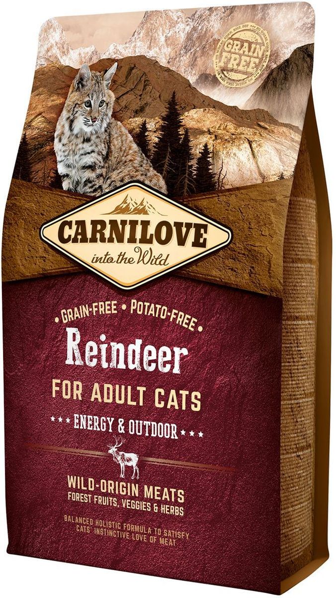 Корм сухой Carnilove, для активных кошек, беззерновой, с мясом северного оленя, 2 кг512256 Корм сухой Carnilove, для активных кошек, беззерновой, с мясом северного оленя, 2 кг512256Полнорационный беззерновой корм Carnilove с мясом северного оленя для взрослых кошек – энергия и активность. Формула без злаков и картофеля для взрослых активных кошек.Состав: мука из северного оленя (28%), мука из дикого кабана (28%), желтый горох (18%), куриный жир (консервирован токоферолами, 13%), куриная печень (4%), крахмал из тапиоки (2%), рыбий жир лососевых рыб (2%), яблоки (1%), морковь (1%), льняное семя (1%), нут (1%), гидролизованные раковины ракообразных (источник глюкозамина, 0,026%), экстракт хряща (источник хондроитина, 0.016%), пивные дрожжи (источник маннанолигосахаридов, 0.016%), корень цикория (источник фруктоолигосахаридов, 0.012%), юкка шидигера (0.01%), водоросли (0.01%), подорожник (0.01%), тимьян (0.01%), розмарин (0.01%), орегано (0.01%), клюква (0.0008%), голубика (0.0008%), малина (0.0008%).
