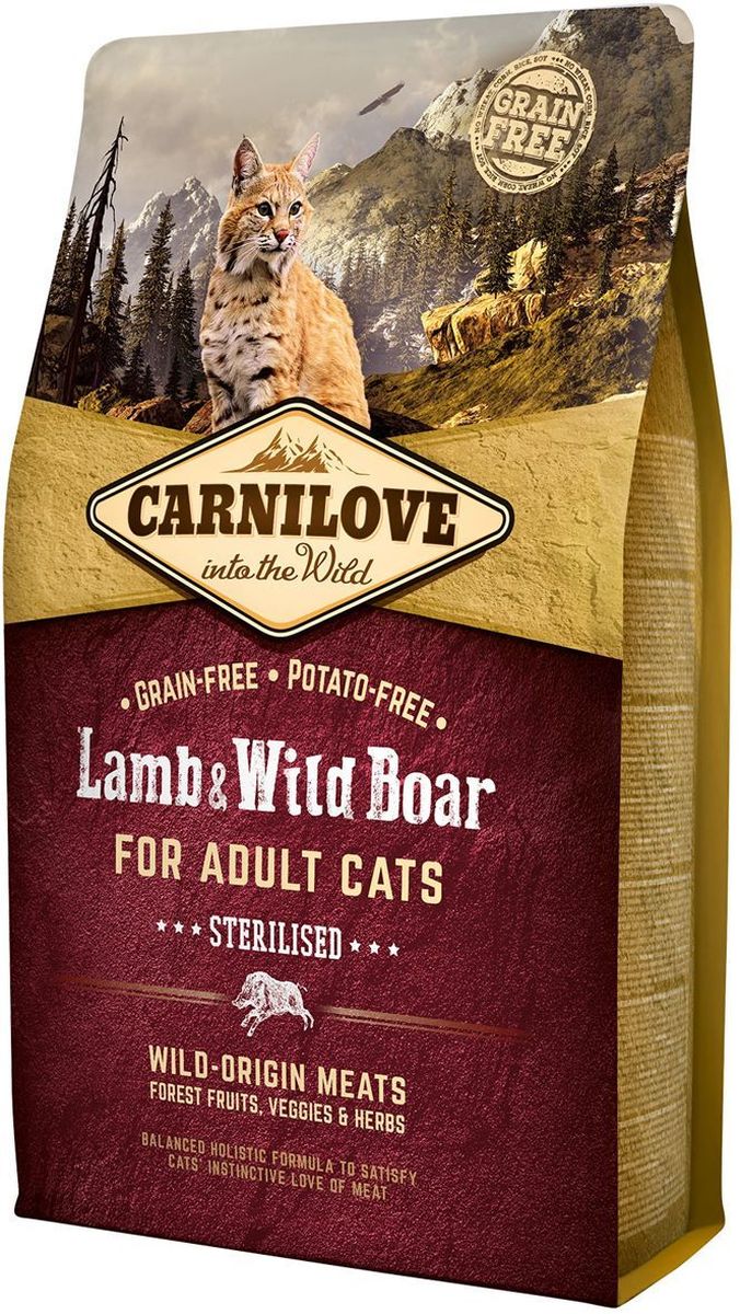 Корм сухой Carnilove, для кастрированных котов и стерилизованных кошек, беззерновой, с мясом ягненка и дикого кабана, 2 кг0120710 Корм сухой Carnilove, для кастрированных котов и стерилизованных кошек, беззерновой, с мясом ягненка и дикого кабана, 2 кг0120710Полнорационный беззерновой корм Carnilove с мясом ягненка и дикого кабана для взрослых кастрированных котов и стерилизованных кошек формула без злаков и картофеля для взрослых стерилизованных кошек и кастрированных котовСостав: мука из дикого кабана (35%), мука из ягнят свободного выпаса (24%), желтый горох (19%), куриный жир (консервирован токоферолами, 6%), яблоки (4%), куриная печень (3%), крахмал из тапиоки (3%), рыбий жир лососевых рыб (2%), морковь (1%), льняное семя (1%), нут (1%), гидролизованные раковины ракообразных (источник глюкозамина, 0.026%), экстракт хряща (источник хондроитина, 0.016%), пивные дрожжи (источник маннанолигосахаридов, 0.016%), корень цикория (источник фруктоолигосахаридов, 0.012%), юкка шидигера (0.01%), водоросли (0.01%), подорожник (0.01%), тимьян (0.01%), розмарин (0.01%), орегано (0.01%), клюква (0.0008%), голубика (0.0008%), малина (0.0008%).