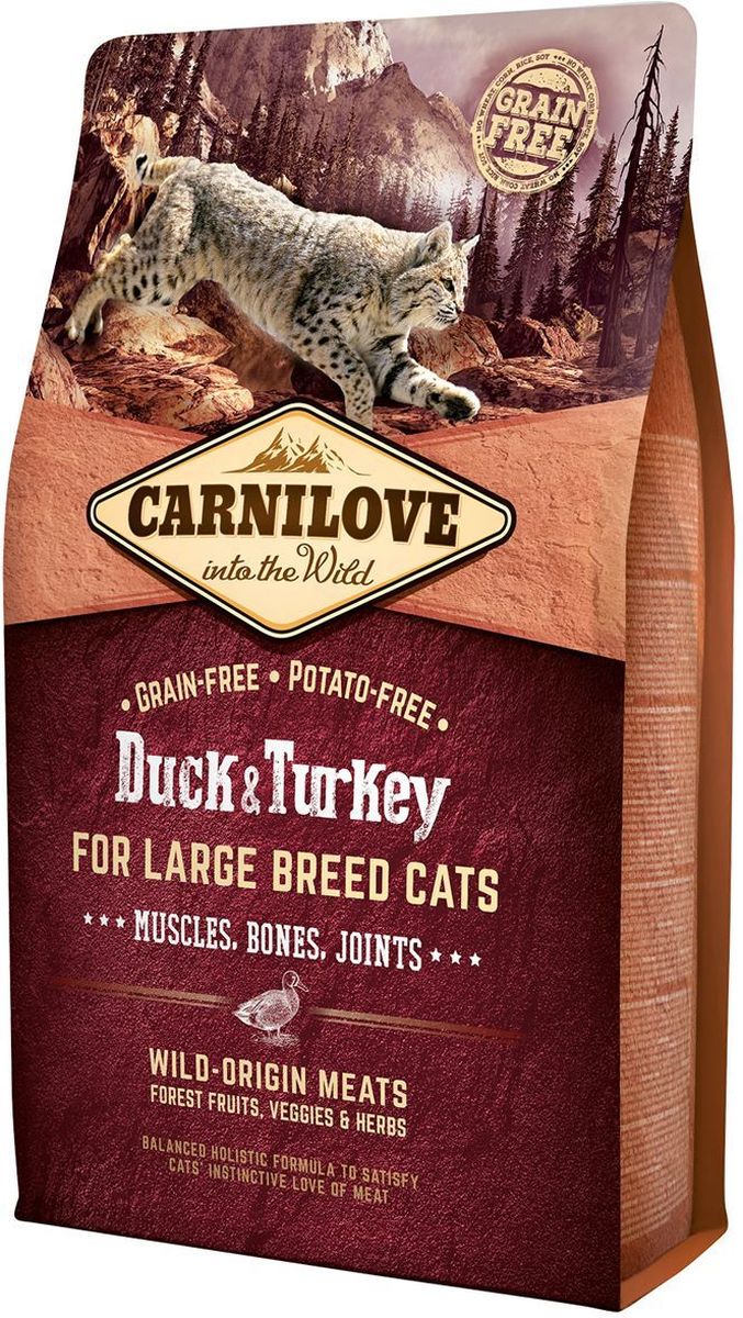 Корм сухой Carnilove, для кошек крупных пород, беззерновой, с мясом утки и индейки, 2 кг0120710 Корм сухой Carnilove, для кошек крупных пород, беззерновой, с мясом утки и индейки, 2 кг0120710Полнорационный беззерновой корм Carnilove с мясом утки и индейки для взрослых кошек крупных пород – для мышц, костей и суставов формула без злаков и картофеля для взрослых кошек крупных пород. сбалансированное питание для улучшения состояния мышц, костей и суставов кошек крупных пород, таких как мейн-кун, американский бобтейл, регдолл,саванна, чаузи, сибирский кот, норвежская лесная кошка, оцикет.Состав: мука из утки (32%), мука из индейки (18%), желтый горох (16%), куриный жир (консервирован токоферолами, 11%), филе утки (5%), крахмал из тапиоки (3%), куриная печень (3%), яблоки (6%), рыбий жир лососевых рыб (1%), морковь (1%), льняное семя (1%), нут (1%), оливковое масло (0.8%), новозеландский зеленогубый моллюск (perna canaliculus, 0.1%), экстракт зеленого чая (0.1%) гидролизованные раковины ракообразных (источник глюкозамина, 0.026%), экстракт хряща (источник хондроитина, 0.016%), пивные дрожжи (источник маннанолигосахаридов, 0.016%), корень цикория (источник фруктоолигосахаридов, 0.012%), юкка шидигера (0.01%), водоросли (0.01%), подорожник (0.01%), тимьян (0.01%), розмарин (0.01%), орегано (0.01%), клюква (0.0008%), голубика (0.0008%), малина (0.0008%).