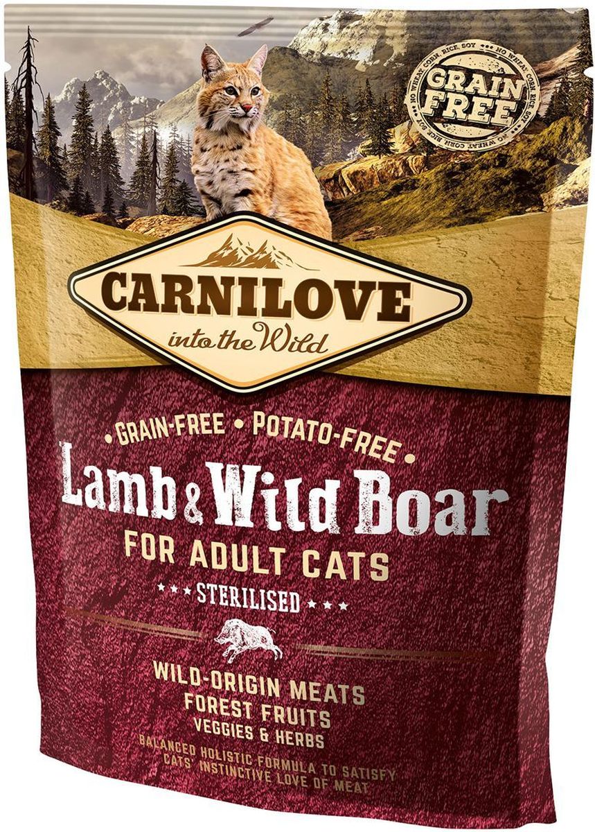 Корм сухой Carnilove, для кастрированных котов и стерилизованных кошек, беззерновой, с мясом ягненка и дикого кабана, 400 г0120710 Корм сухой Carnilove, для кастрированных котов и стерилизованных кошек, беззерновой, с мясом ягненка и дикого кабана, 400 г0120710Полнорационный беззерновой корм Carnilove с мясом ягненка и дикого кабана для взрослых кастрированных котов и стерилизованных кошек формула без злаков и картофеля для взрослых стерилизованных кошек и кастрированных котовСостав: мука из дикого кабана (35%), мука из ягнят свободного выпаса (24%), желтый горох (19%), куриный жир (консервирован токоферолами, 6%), яблоки (4%), куриная печень (3%), крахмал из тапиоки (3%), рыбий жир лососевых рыб (2%), морковь (1%), льняное семя (1%), нут (1%), гидролизованные раковины ракообразных (источник глюкозамина, 0.026%), экстракт хряща (источник хондроитина, 0.016%), пивные дрожжи (источник маннанолигосахаридов, 0.016%), корень цикория (источник фруктоолигосахаридов, 0.012%), юкка шидигера (0.01%), водоросли (0.01%), подорожник (0.01%), тимьян (0.01%), розмарин (0.01%), орегано (0.01%), клюква (0.0008%), голубика (0.0008%), малина (0.0008%).