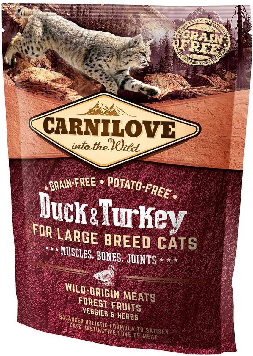 Корм сухой Carnilove, для кошек крупных пород, беззерновой, с мясом утки и индейки, 400 г0120710 Корм сухой Carnilove, для кошек крупных пород, беззерновой, с мясом утки и индейки, 400 г0120710Полнорационный беззерновой корм Carnilove с мясом утки и индейки для взрослых кошек крупных пород – для мышц, костей и суставов формула без злаков и картофеля для взрослых кошек крупных пород. Сбалансированное питание для улучшения состояния мышц, костей и суставов кошек крупных пород, таких как мейн-кун, американский бобтейл, регдолл, саванна, чаузи, сибирский кот, норвежская лесная кошка, оцикет.