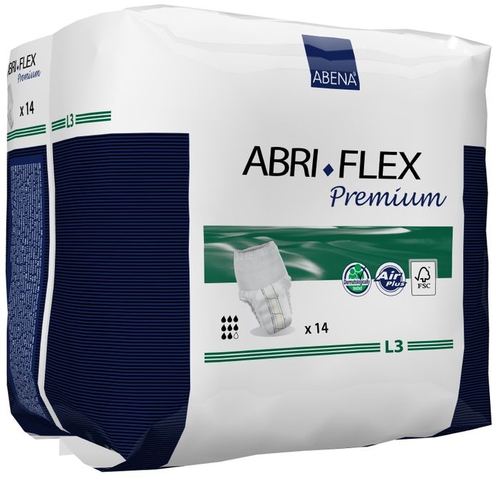 Abena Подгузники для взрослых Abri-Flex L3 ночные 14 шт 4108841088 Abena Подгузники для взрослых Abri-Flex L3 ночные 14 шт 4108841088Подгузники-трусики Abri-FlexL3 ночные - продукты серии Abri-Flex могут использоваться в качестве нижнего белья, обеспечивая свободу движения. Abri-Flex удерживается на бедрах за счет увеличенного количества эластичных нитей по сравнению с другими аналогичными продуктами. Подгузники-трусики Abri-Flex Zero подходят для легкой степени недержания, имеют высокий профиль и полностью белый наружный слой. Подгузники-шортики Abri-Flex Special обладает уникальной эластичностью, которая обеспечивает точную посадку в области ног и паха, и является идеальным решением для физически активных людей, а также для тех, кому не подходят традиционные трусики pull-up.Преимущества подгузников для взрослых Abri- Flex:- мягкий пояс надежно и деликатно удерживает подгузник на месте,- превращают жидкость в гель, запирая запах изнутри,- имеют цветной сегментированный индикатор намокания,- гарантируют сухость за счет инновационной технологии быстрого впитывания слоя 3D DualCore,- сделаны из гипоаллергенных экологически чистых материалов,- впитываемость: более 2200 млAbena постоянно инвестирует в новые технологии. В 2014 году мы установили оборудование, которое позволяет нам производить подгузник Abri-Flex нового поколения с запатентованной воздухопроницаемостью. Теперь дышащей является вся поверхность подгузника, а не только его рабочая зона.Новый Abri-Flex имеет слой 3D DualCore, который обеспечивает максимальную степень влагопоглощения именно там, где это необходимо. Также подгузник оснащен новой улучшенной системой TopDry, которая обеспечивает сухость, и благодаря которой подгузник идеально прилегает к телу.На данный момент Abena - единственный производитель, который использует данную уникальную технологию.