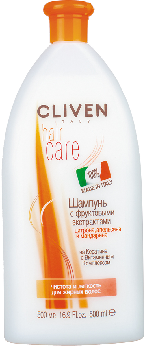 Cliven Hair Care Шампунь с фруктовыми экстрактами 500млMQ339 Cliven Hair Care Шампунь с фруктовыми экстрактами 500млMQ339Особая формула данного шампуня направлена на устранение загрязнения и излишки жира очень нежным образом, не истощая волос. Кератин оказывает укрепляющее и защитное действие совместно с витаминным комплексом и экстрактами цитрона, апельсина и мандарина возвращают волосам жизненную силу и мягкость. Чистота и легкость для жирных волос.