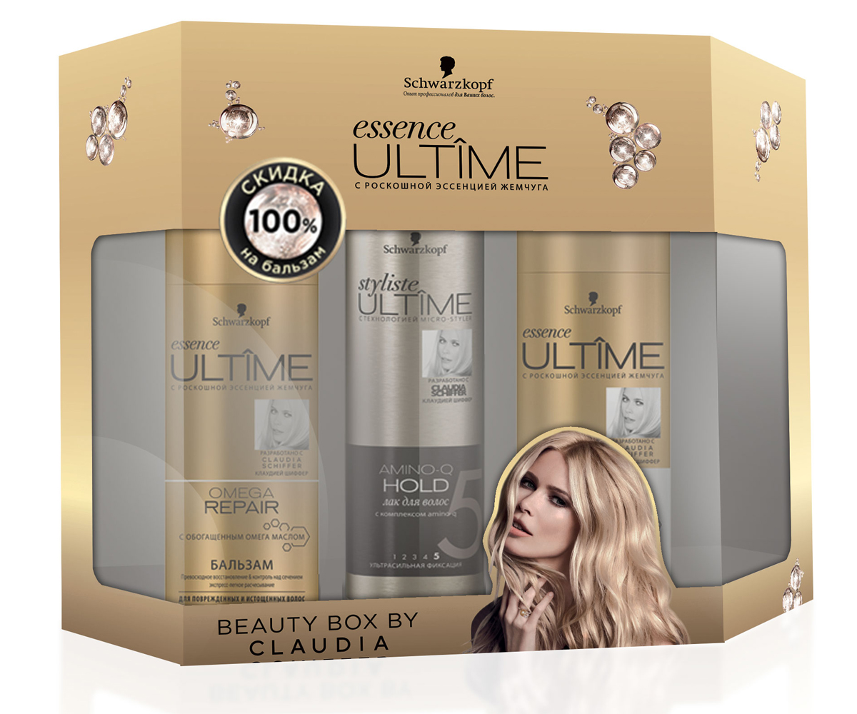 Подарочный набор Essence Ultime Omega RepairFS-00897 Подарочный набор Essence Ultime Omega RepairFS-00897Styliste ULTIME с эксклюзивной технологией micro-styler – это роскошные средства для укладки, обеспечивающие безупречную фиксацию и исключительно стойкие эффекты для неординарных решений, достойных вашего стиля! Создайте неотразимый образ с помощью styliste ULTIME. Откройте для себя секрет красоты от Клаудии Шиффер.Лак для волос styliste ULTIME AMINO-Q HOLD:- 48 часов ультрасильной фиксации и устойчивость укладки к внешним факторам.- Формула с комплексом amino-q быстро высыхает и обеспечивает 100 % контроль без склеиванияШампуньПревосходная, экстраобогащенная формула восстанавливает поврежденныеволосы на клеточном уровне и предотвращает сечение до 90 %. * Длявозрождения естественной красоты и сияния волос.*при применении с бальзамом БальзамПревосходное восстановлениеЭкспресс-легкое расчесываниеC обогащенным омега масломПревосходная, экстраобогащенная формула восстанавливает поврежденные волосы на клеточном уровне и предотвращает сечение до 90%*. В 3 раза более легкое расчесывание** и безупречный уход.*при применении с шампунем**по сравнению с необработанными волосами
