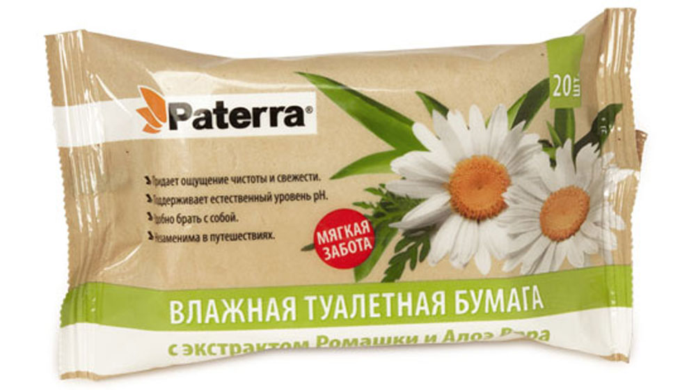 Бумага туалетная Paterra, влажная, с экстрактом ромашки и алое вера, 20 шт391602 Бумага туалетная Paterra, влажная, с экстрактом ромашки и алое вера, 20 шт391602Влажная туалетная бумага Paterra незаменима в путешествиях. Поддерживает естественный уровень PH. Содержит экстракт ромашки и алоэ вера.