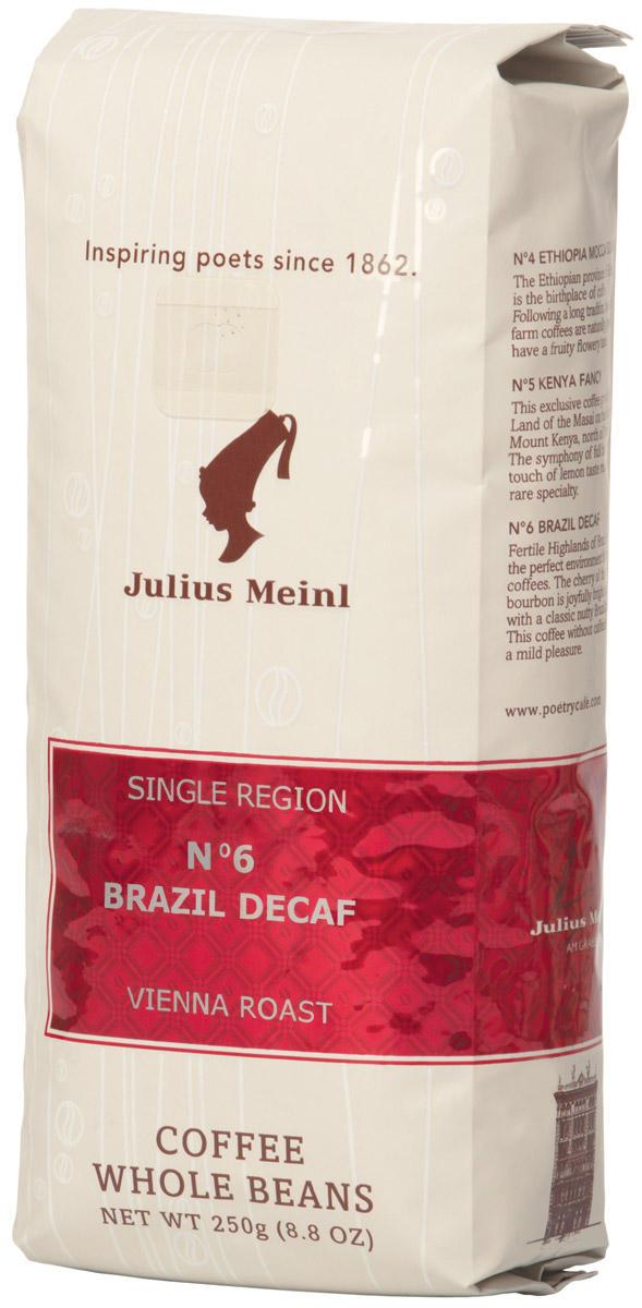 Julius Meinl № 6 Бразилия Декаф кофе в зернах, 250 г0120710 Julius Meinl № 6 Бразилия Декаф кофе в зернах, 250 г0120710Сорт кофе из Южной Америки с пониженным содержанием кофеина. Во вкусе и аромате чувствуются яркие ореховые нотки. В послевкусии - молочный шоколад.