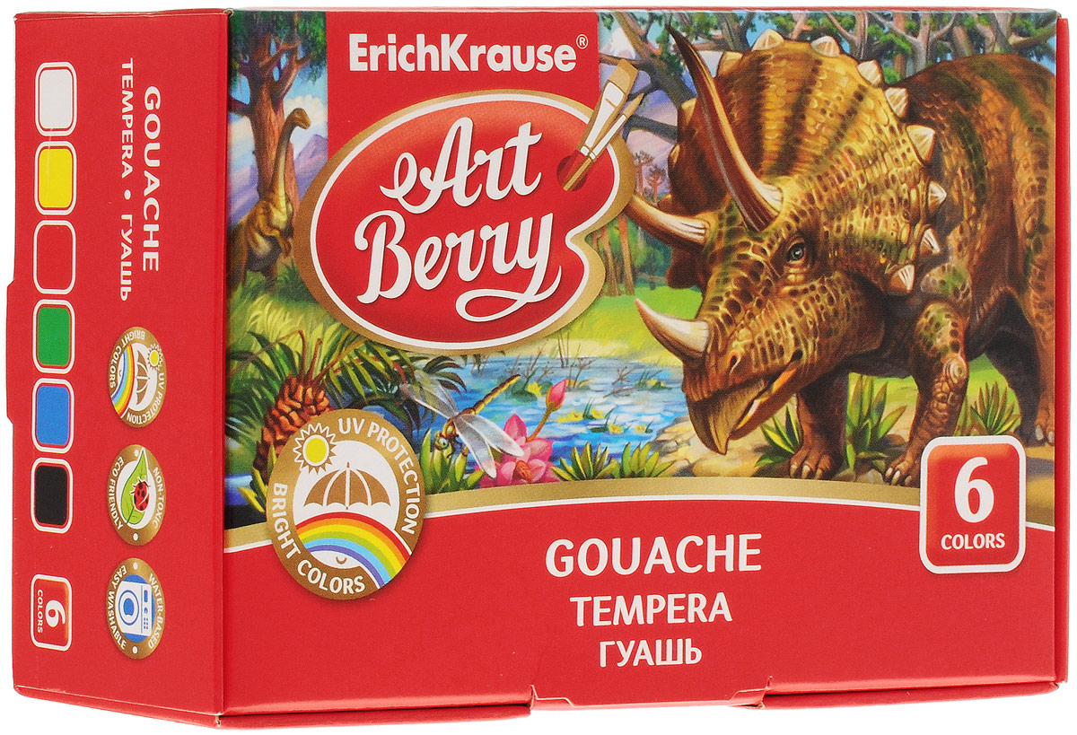 Erich Krause Гуашь ArtBerry 6 цветовFS-00103 Erich Krause Гуашь ArtBerry 6 цветовFS-00103Гуашь Erich Krause ArtBerry с ультрафиолетовой защитой яркости устойчива к воздействию солнечных лучей. Цвета рисунка останутся сочными и яркими. После высыхания поверхность рисунка имеет матово-бархатистую структуру. Краска легко смывается водой. В процессе рисования ребенок научится различать и смешивать цвета, разовьет мелкую моторику и фантазию. В наборе гуашь шести цветов.
