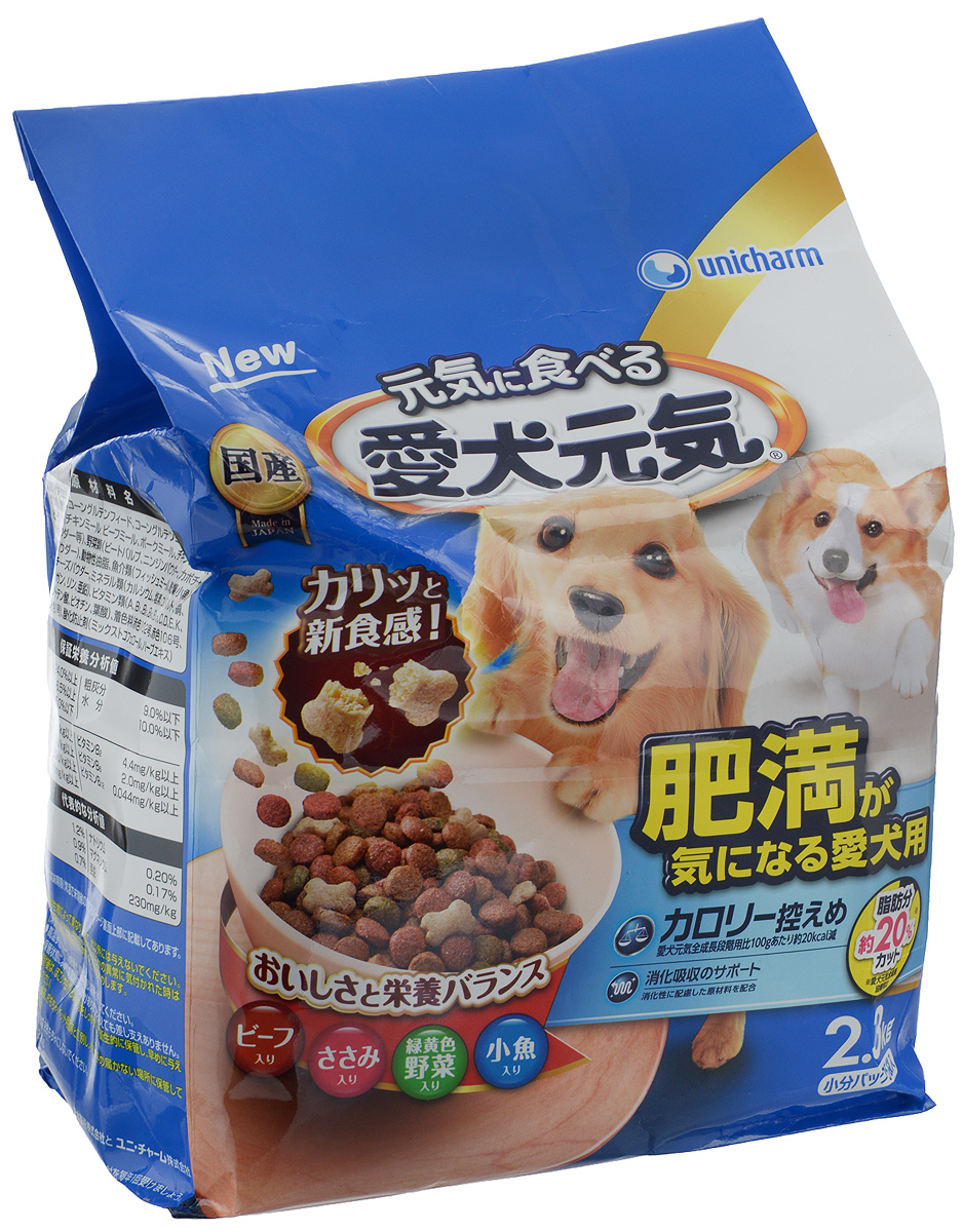 Корм сухой Unicharm Aiken Genki, для собак, склонных к ожирению, с говядиной, курицей, овощами и мелкой рыбой, 2,3 кг0120710 Корм сухой Unicharm Aiken Genki, для собак, склонных к ожирению, с говядиной, курицей, овощами и мелкой рыбой, 2,3 кг0120710Низкокалорийный сухой корм для собак, склонных к ожирению Unicharm Aiken Genki, разработан с применением высококачественных ингредиентов для поддержания оптимальной массы тела. Благодаря особой рецептуре продукт легко усваивается, позволяя питомцу получить важные питательные вещества и микроэлементы, а также кальций и фосфор, играющие важную роль в поддержании здоровья костей и зубов собаки. Особенностью продукта является пониженное содержание жира , что позволяет снизить нагрузку на печень и почки. В состав корма входят специальные пищевые волокна, которые нормализуют работу кишечника и способствуют улучшению пищеварения.Товар сертифицирован.