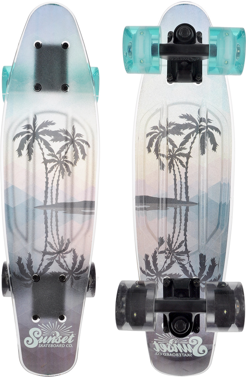 Скейтборд пластиковый Sunset Skateboards Tres Palms, дека 56 х 15 смWRA523700 Скейтборд пластиковый Sunset Skateboards Tres Palms, дека 56 х 15 смWRA523700Красивый и функциональный пластборд Sunset Skateboards Tres Palms, изготовленный из прочного поликарбоната (PC), отлично сочетается со светящимися колесами Flare LED. Верхняя часть деки покрыта нескользящим слоем. Стильный днем и ночью, он создан для того, чтобы производить впечатление на окружающих. Пластборд сочетает в себе высокую прочность поликарбоната, который используют для производства бронестекол, гибкость и стабильность. Запатентованная формула с УФ-ингибиторами продлевает срок службы на открытом воздухе. Колеса выполнены из высококачественного полиуретана.Подходит для детей от 7 лет.