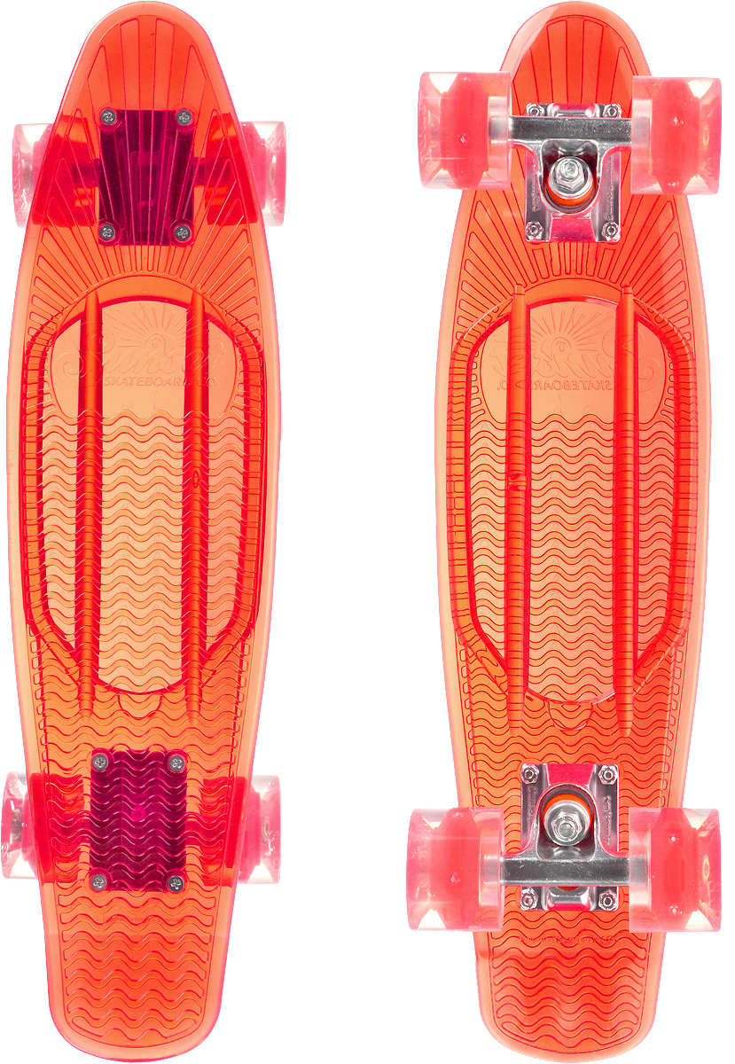 Скейтборд пластиковый Sunset Skateboards Lifeguard, цвет: красный, прозрачный, дека 56 х 15 смWRA523700 Скейтборд пластиковый Sunset Skateboards Lifeguard, цвет: красный, прозрачный, дека 56 х 15 смWRA523700Красивый и функциональный пластборд Sunset Skateboards Lifeguard, изготовленный из прочного поликарбоната (PC), отлично сочетается со светящимися колесами Flare LED. Стильный днем и ночью, он создан для того, чтобы производить впечатление на окружающих. Пластборд сочетает в себе высокую прочность поликарбоната, который используют для производства бронестекол, гибкость и стабильность. Запатентованная формула с УФ-ингибиторами продлевает срок службы на открытом воздухе. Колеса выполнены из высококачественного полиуретана.Подходит для детей от 7 лет.