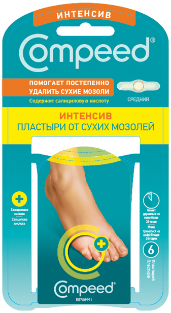 Compeed Пластырь от сухих мозолей на ногах Интенсив 6 шт1301210 Compeed Пластырь от сухих мозолей на ногах Интенсив 6 шт1301210Compeed® от сухих мозолей интенсив:Обеспечивает точечное активное размягчение кожи с помощью диска с салициловой кислотойМгновенно уменьшает боль благодаря специальной форме с выемкойСоздает оптимальный уровень увлажненности кожи благодаря гидроколлоидной технологииПолиуретановое покрытие защищает от влаги и бактерий, позволяя коже дышатьМожет держаться на коже до 48 часов