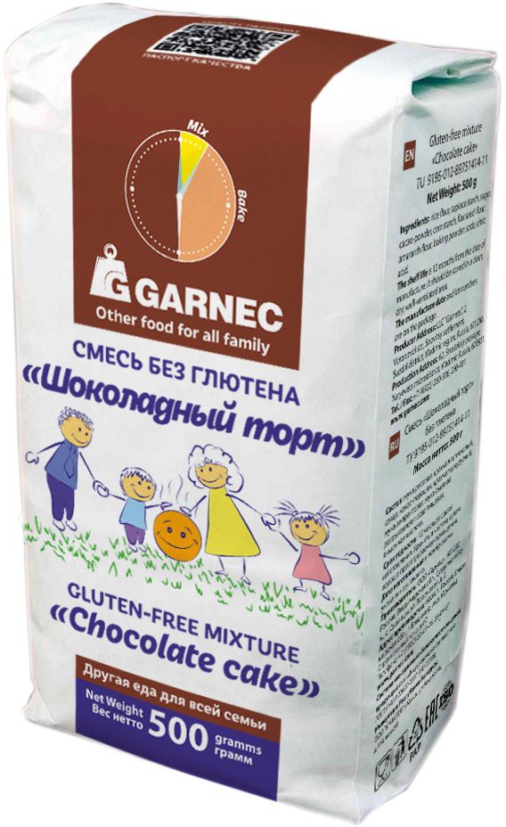 Гарнец смесь для выпечки Шоколадный торт без глютена, 500 г0120710 Гарнец смесь для выпечки Шоколадный торт без глютена, 500 г0120710Продукт предназначен для всей семьи. Все компоненты и готовая продукция проходят контроль на содержание глютена. Отсутствуют ароматизаторы, усилители вкуса и другие химические добавки.