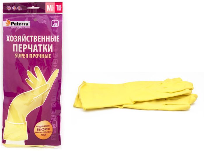 Перчатки хозяйственные Paterra Super прочные. Размер 8 (M)787502 Перчатки хозяйственные Paterra Super прочные. Размер 8 (M)787502Хозяйственные перчатки Paterra Super прочные предназначены для защиты рук от воздействия воды, пищевых жиров и бытовых моющих средств. Перчатки прочные и долговечные, выполнены из латекса с внутренним напыление из хлопка, которое препятствует парниковому эффекту ладони. Без резкого запаха резины. Перчатки имеют высокую манжету - 14 см.