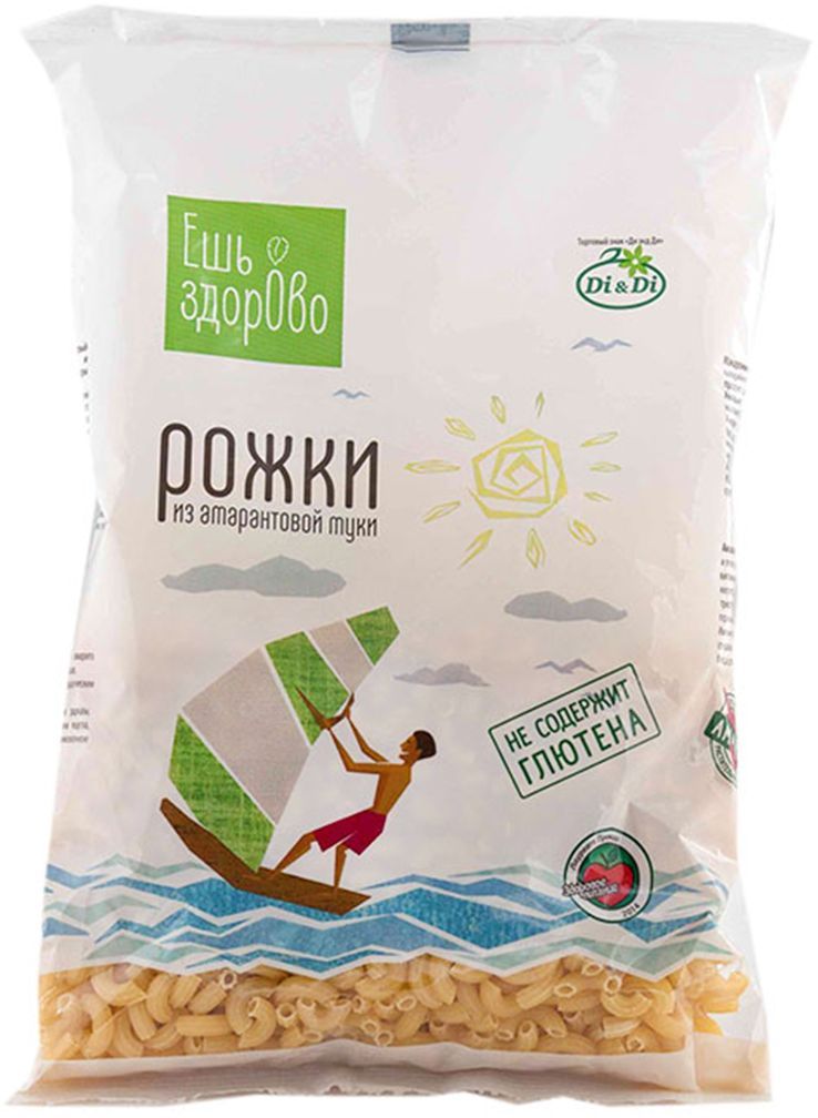 Ешь здорово Рожки из амарантовой муки без глютена, 250 г0120710 Ешь здорово Рожки из амарантовой муки без глютена, 250 г0120710Макаронные изделия предназначены для систематического употребления всеми возрастными группами начиная с 3-х лет с целью снижения риска развития заболеваний, сохранения и улучшения здоровья.Продукт для здорового, диетического и специального питания для больных диабетом и целиакией. Разрешено при диете Дюкана. Не содержит: глютен, дрожжи, консерванты. Засыпать макароны 1:10 и варить 6 минут.