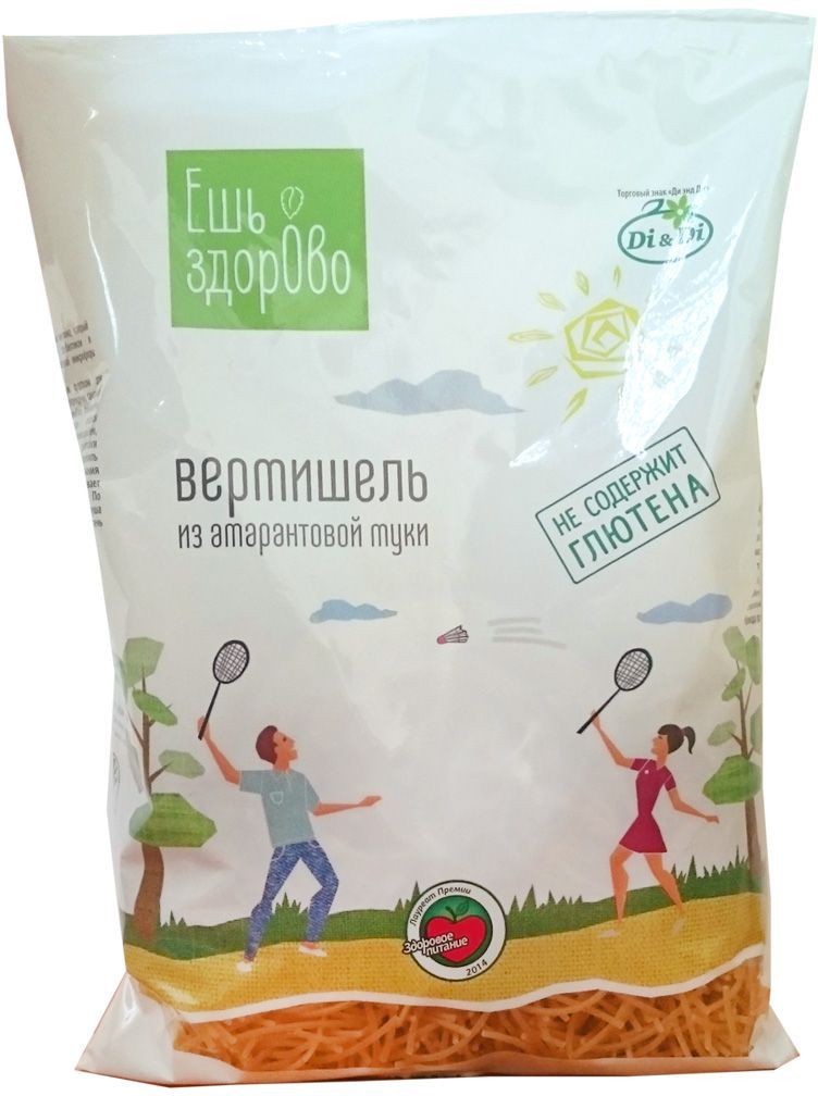 Ешь здорово Вермишель из амарантовой муки без глютена, 250 г0120710 Ешь здорово Вермишель из амарантовой муки без глютена, 250 г0120710Макаронные изделия предназначены для систематического употребления всеми возрастными группами начиная с 3-х лет с целью снижения риска развития заболеваний, сохранения и улучшения здоровья.Продукт для здорового, диетического и специального питания для больных диабетом и целиакией. Разрешено при диете Дюкана. Не содержит: глютен, дрожжи, консерванты. Засыпать макароны 1:10 и варить 6 минут.