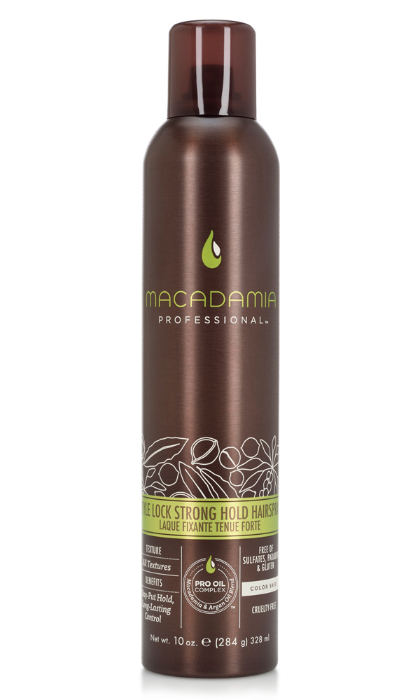 Macadamia Professional Спрей сильной фиксации Стиль на замке, 300 мл4604903000202 Macadamia Professional Спрей сильной фиксации Стиль на замке, 300 мл4604903000202Невесомый спрей сильной фиксации Macadamia Professional с витамином В5 специально разработан для сохранения укладки на целый день, контролирует пушистость и сохранение формы. Эксклюзивный Pro Oil Complex на основе драгоценных масел макадамии и арганы увлажняет, восстанавливает, добавляет волосам здоровый блеск, упругость и управляемость, сохраняет цвет окрашенных волос.