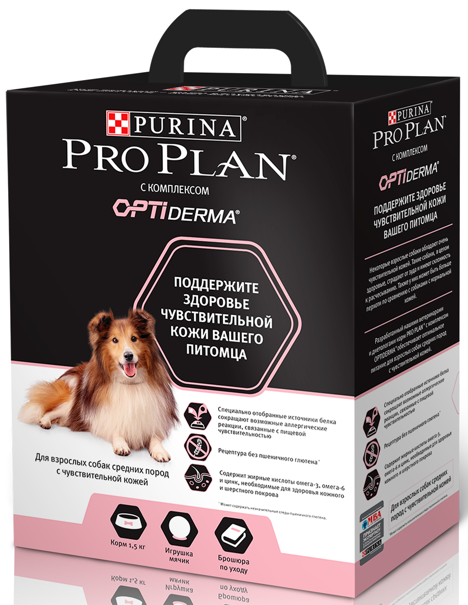 Корм сухой Pro Plan Adult Medium Sensitive Skin для собак средних пород с чувствительной кожей, 1,5 кг0120710 Корм сухой Pro Plan Adult Medium Sensitive Skin для собак средних пород с чувствительной кожей, 1,5 кг0120710Поддерживает здоровье кожи и шерсти, за счет сбалансированного содержания омега-3 и 6 жирных кислот, повышенного уровня микроэлементов и антиоксидантов, необходимых для собак с чувствительной кожей.Содержит высококачественный лосось в качестве основного источника белка, который помогает минимизировать возможные кожные реакции, связанные с пищевой чувствительностью.Не содержит пшеничный глютен, который может быть вреден животным со специфической пищевой аллергией на его компоненты.