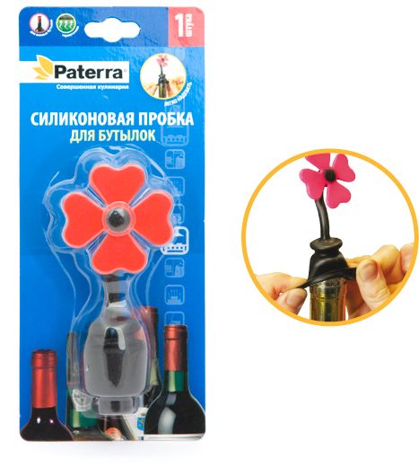 Пробка для бутылки PaterraVT-1520(SR) Пробка для бутылки PaterraVT-1520(SR)Силиконовая пробка Paterra позволяет сохранять аромат напитка долго время. Изделие подходит для бутылок разного типа и декорировано цветком. Пробка легко одевается на горловину бутылки. Обладает высокой степенью герметичности.Высота пробки: 11,5 см.