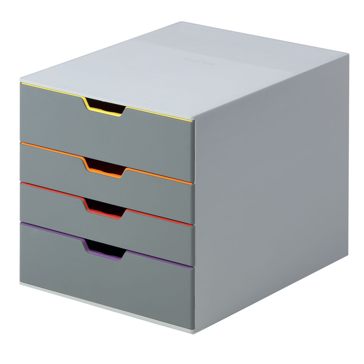 Короб для документов Durable Varicolor. 7604-27S03301004 Короб для документов Durable Varicolor. 7604-27S03301004Выполнен из высококачественного пластика. Выдвижные ящики закрытого типа, оснащены стопорами и табуляторами для маркировки. Боксы можно устанавливать друг на друга, фиксируются при помощи резиновых ножек. 4 ящика. Размер 292x280x356 мм. Стильный короб для документов с 4 выдвижными цветными ящичками. Выполнен из пластика премиального качества. Широкие лотки для удобного хранения большого количества документов. Верхний лоток запирается на замок, что позволяет хранить в боксе ценные бумаги и аксессуары.Выдвижные ящички выполнены в разных цветах, что позволяет группировать документы по тематикам и быстро их находить. Подходят для форматов А4, С4, Folio.Бокс оснащен стопорами, которые не позволяют выпасть лоткам при резком открывании, а также съемными табуляторами для маркировки. Не скользит даже на самых гладких поверхностях благодаря силиконовым ножкам.