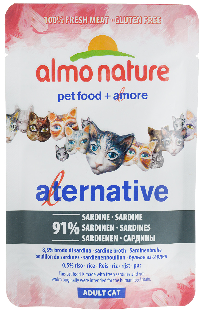 Консервы Almo Nature Alternative для кошек, с сардинами, 55 г0120710 Консервы Almo Nature Alternative для кошек, с сардинами, 55 г0120710Консервы Almo Nature Alternative - корм для кошек наиболее приближенный к природе. Уникальность его заключается в том, что мясо сардин не подвергается предварительной обработке, а упаковывается в свежем (сыром) виде и готовится внутри пауча, что позволяет сохранить все питательные вещества, неповторимый вкус и аромат мяса.Товар сертифицирован.