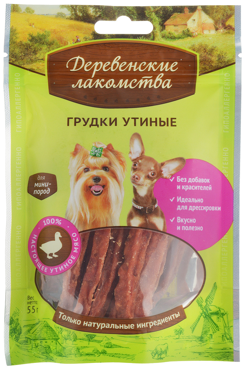 Лакомство для собак мини-пород Деревенские лакомства, грудки утиные, 55 г0120710 Лакомство для собак мини-пород Деревенские лакомства, грудки утиные, 55 г0120710Мясной деликатес Деревенские лакомства изготовлен специально для собак мини-пород. Идеального размера кусочки отборного мяса удовлетворят самый изысканный вкус и станут любимым угощением вашего питомца.Товар сертифицирован.