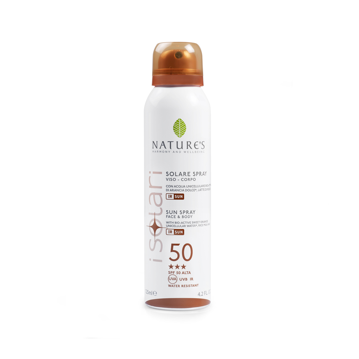 Natures Sun Солнцезащитный спрей SPF 50, 150 млFS-00897 Natures Sun Солнцезащитный спрей SPF 50, 150 млFS-00897Идеально подходит для первых дней на солнце, для светлой, нежной и чувствительной кожи. Содержит био-активные компоненты: уницилярную воду сладкого апельсина, экстракт календулы, рисовое молочко, IR-SUN комплекс, смесь микрокапсулиро-ванных фотостабильных фильтров, обеспечиваю-щих длительную защиту против UVA, UVB лучей и инфракрасного излучения. ВЫСОКАЯ СТЕПЕНЬ ЗАЩИТЫ (BSRS 2008). Водостойкий. НЕ СОДЕРЖИТ СПИРТ.