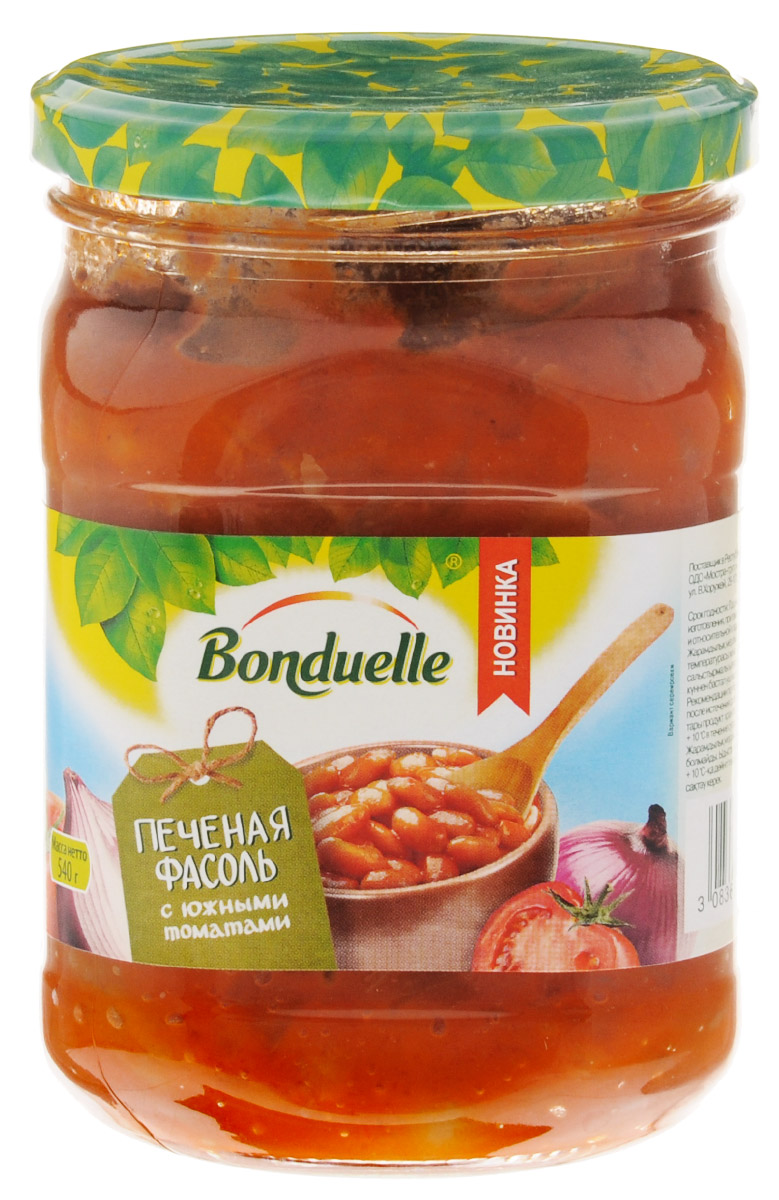 Bonduelle Печеная фасоль с южными томатами, 540 г0120710 Bonduelle Печеная фасоль с южными томатами, 540 г0120710Взяв за основу особый сорт крупной белой фасоли со сливочным вкусом и соус из спелых томатов, выращенных на Кубани, создано блюдо Bonduelle, достойное гурмана. Натуральный состав и домашний вкус делают его идеальным гарниром или холодной закуской.После вскрытия тары продукт хранить при температуре от +1C до +10C в течение суток.