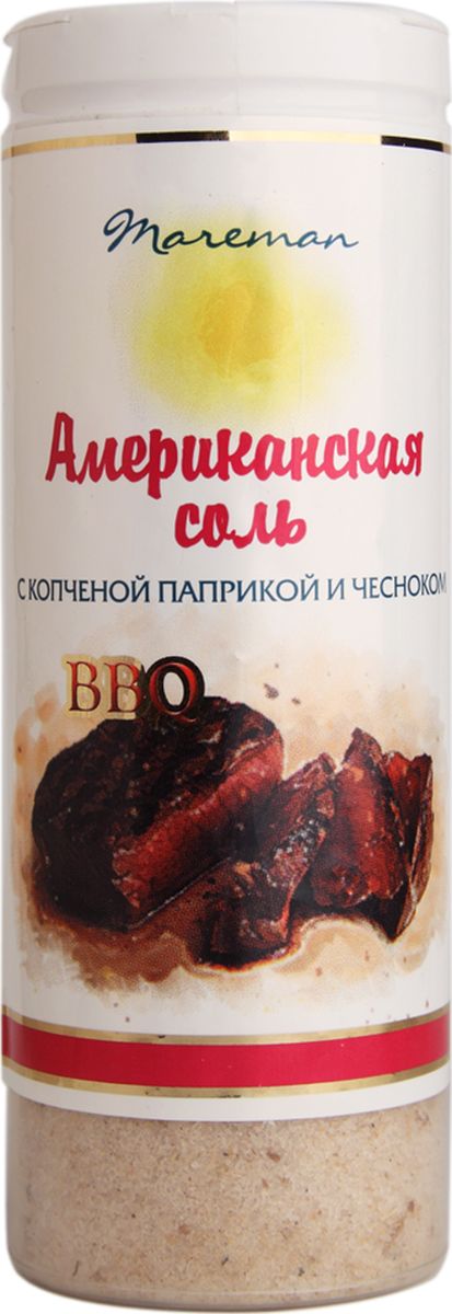 Mareman соль Американская, 140 г0120710 Mareman соль Американская, 140 г0120710Ароматная соль премиум качества с популярным в Америке сочетанием приправ и пряностей.Соль упакована в пластиковые солонки с удобной крышкой-дозатором, легко использовать для пищи во время приготовления и за столом.Морская соль ТМ Mareman Американская придаст потрясающий вкус и наполнит блюда изысканным ароматом.