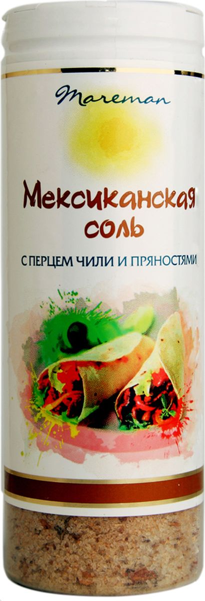 Mareman соль Мексиканская, 140 г0120710 Mareman соль Мексиканская, 140 г0120710Ароматная соль премиум качества с классическим для Мексики сочетанием приправ и пряностей.Соль упакована в пластиковые солонки с удобной крышкой-дозатором, легко использовать для пищи во время приготовления и за столом.Морская соль ТМ Mareman Мексиканская придаст потрясающий вкус и наполнит блюда изысканным ароматом.