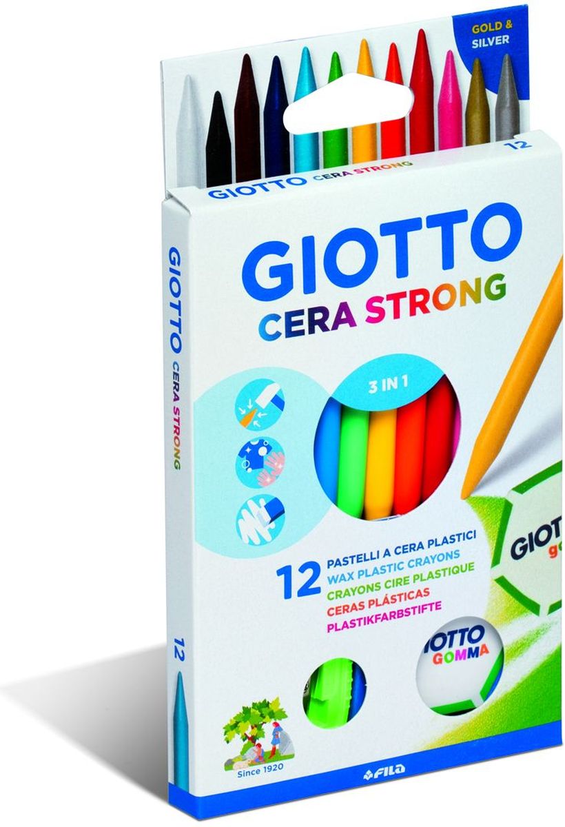 Giotto Набор восковых карандашей Cera Strong с ластиком и точилкой 12 шт72523WD Giotto Набор восковых карандашей Cera Strong с ластиком и точилкой 12 шт72523WDНабор Giotto Cera Strong включает в себя 12 пластиковых карандашей круглой формы с высоким содержанием воска.Ярко и легко рисуют, стираются с помощью ластика.Диаметр карандаша 8 мм.В набор входят: 12 карандашей, ластик и точилка.