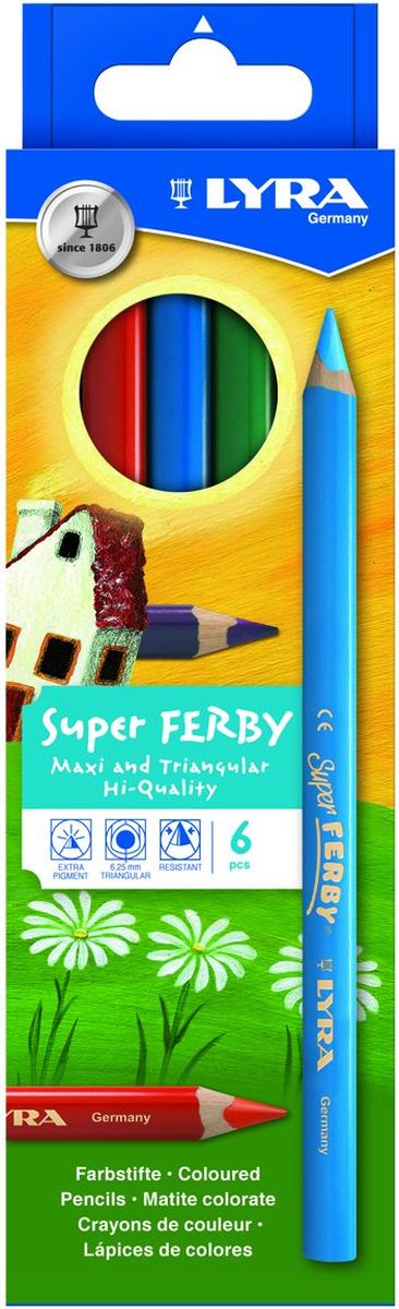 Lyra Набор цветных карандашей Super Ferby 6 штC13S041944 Lyra Набор цветных карандашей Super Ferby 6 штC13S041944Набор Lyra Super Ferby включает 6 цветных карандашей. Карандаши имеют эргономичную округло-треугольную форму. Набор включает в себя 6 ярких цветных карандашей.Карандаши изготовлены из натурального сертифицированного дерева, экологически чистые. Имеют ударопрочный неломающийся высокопигментный грифель, не требующий сильного нажатия.Диаметр грифеля 6,25 мм, длина карандаша 175 мм.