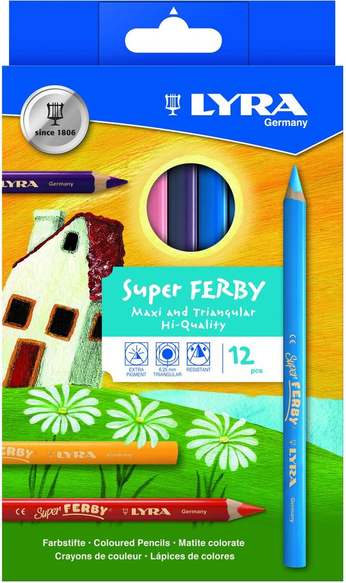 Lyra Набор цветных карандашей Super Ferby 12 шт72523WD Lyra Набор цветных карандашей Super Ferby 12 шт72523WDНабор Lyra Super Ferby включает 12 цветных карандашей. Карандаши имеют эргономичную округло-треугольную форму. Набор включает в себя 12 ярких цветных карандашей.Карандаши изготовлены из натурального сертифицированного дерева, экологически чистые. Имеют ударопрочный неломающийся высокопигментный грифель, не требующий сильного нажатия.Диаметр грифеля 6,25 мм, длина карандаша 175 мм.