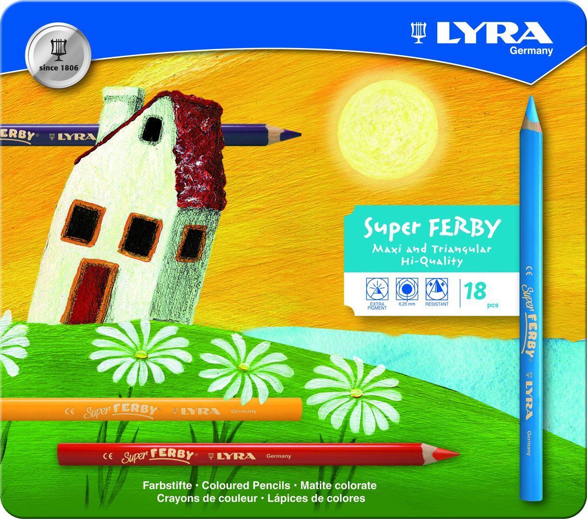 Lyra Набор цветных карандашей Super Ferby 18 шт72523WD Lyra Набор цветных карандашей Super Ferby 18 шт72523WDНабор Lyra Super Ferby включает 18 цветных карандашей. Карандаши имеют эргономичную округло-треугольную форму. Набор включает в себя 12 ярких цветных карандашей.Карандаши изготовлены из натурального сертифицированного дерева, экологически чистые. Имеют ударопрочный неломающийся высокопигментный грифель, не требующий сильного нажатия.Диаметр грифеля 6,25 мм, длина карандаша 175 мм.