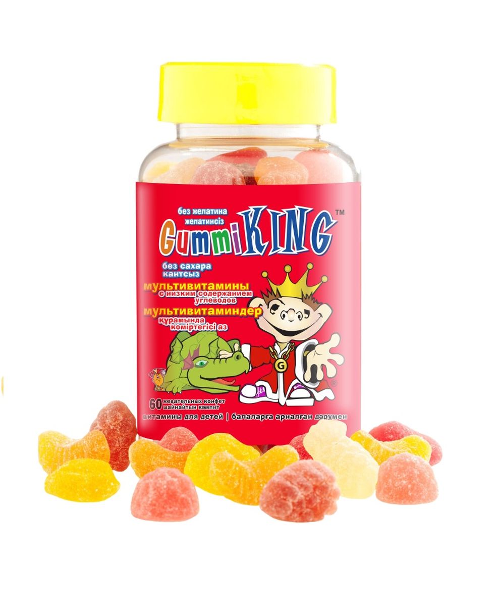 Драже жевательное Gummi King Sugar Free Multivitamin, для детей от 2 лет и подростков, 60 штWS 7064 Драже жевательное Gummi King Sugar Free Multivitamin, для детей от 2 лет и подростков, 60 штWS 7064Для правильного роста и развития вашего ребёнка ему обязательно нужны витамины. Витамины оказывают огромное влияние на рост и аппетит, формирование иммунной и нервной систем, укрепление мышц и костей, здоровье глаз и многое другое. Мы собрали наиболее важные витамины в один комплекс, добавили к нему экстракты фруктов и яблочный пектин и получили натуральный витаминный комплекс в виде вкусных жевательных конфет, которые точно понравятся вашему малышу.Что в составе:Витамин А отвечает за здоровье кожи, поддерживает зрение и полезен для роста. Витамины группы В – это энергия, бодрость и крепкая нервная система. Витамин С укрепляет иммунитет и помогает бороться с инфекционными заболеваниями, а витамин D укрепляет кости и зубы и рекомендуется тем, кто злоупотребляет конфетами и страдает от кариеса. Яблочный пектин благотворно воздействует на микрофлору кишечника и снижает риск развития дисбактериоза.Особенно полезен комплекс Gummi Sugar Free Multivitamin:часто болеющим детямдетям с избытком весадетям, у которых проблемы с зубами и дёснамидетям, занимающимся спортомгиперактивным и неусидчивым детямлюбителям сладостей и газированных напитковВсе витамины Gummi King гипоаллергенны: в их составе отсутствуют пшеница (глютен), молоко, яйца, соя, арахис и другие орехи, искусственные ароматизаторы и консервантыРЕКОМЕНДАЦИИ К ПРИМЕНЕНИЮ:детям с 2 до 4 лет – 1 пастилка х 1 раз в день; 4 года и старше - 1 пастилка х 2 раза в деньНе рекомендуем сочетать: с витаминами для глазПротивопоказания: индивидуальная непереносимость компонентов, аллергия на морковь, свёклу, куркуму и ежевику.Товар не является лекарственным средством. Могут быть противопоказания и следует предварительно проконсультироваться со специалистом.