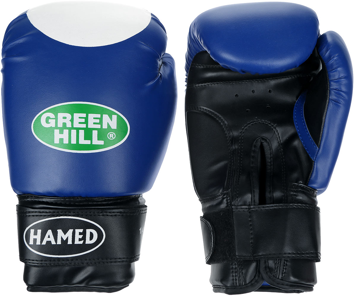 Перчатки боксерские Green Hill Hamed, цвет: синий, белый. Вес 14 унцийBGG-2018 Перчатки боксерские Green Hill Hamed, цвет: синий, белый. Вес 14 унцийBGG-2018Боксерские перчатки Green Hill Hamed прекрасно подойдут для прогрессирующих спортсменов. Верх выполнен из искусственной кожи, наполнитель - из пенополиуретана. Перфорированная поверхность в области ладони позволяет создать максимально комфортный терморежим во время занятий. Широкий ремень, охватывая запястье, полностью оборачивается вокруг манжеты, благодаря чему создается дополнительная защита лучезапястного сустава от травмирования. Перчатки прекрасно сидят на руке. Застежка на липучке способствует быстрому и удобному надеванию перчаток, плотно фиксирует перчатки на руке.