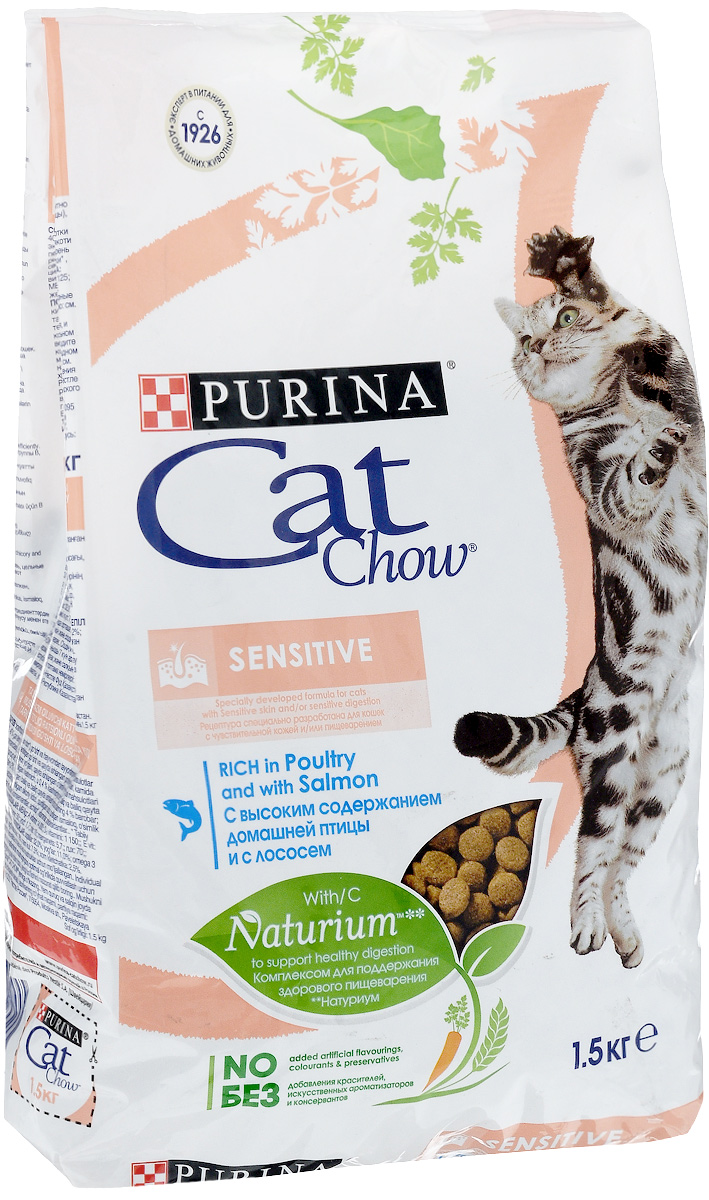 Корм сухой Cat Chow Special Care для кошек с чувствительным пищеварением, 1,5 кг0120710 Корм сухой Cat Chow Special Care для кошек с чувствительным пищеварением, 1,5 кг0120710Корм сухой Cat Chow Special Care - полнорационный корм для кошек с чувствительным пищеварением, для здоровья кожи и шерсти. Сама природа вдохновляет компанию PURINA на разработку кормов, которые максимально отвечают потребностям ваших питомцев, с учетом их природных инстинктов. Имея более чем 80-ти летний опыт в области питания животных, PURINA создала новый корм Cat Chow - полностью сбалансированный корм, который не только доставит удовольствие вашей кошке, но и будет полезным для ее здоровья. Особенности корма Cat Chow Special Care:Высокое содержание мяса, с источниками высококачественного белка в каждой порции для поддержания оптимальной массы тела. Особое сочетание натуральных ингредиентов: тщательно отобранные травы и овощи (петрушка, шпинат, морковь, горох). Отборные ингредиенты придают особый аромат. Высокое содержание витамина Е для поддержания естественной защиты организма питомца. Содержит мякоть свеклы и цикорий для поддержания здорового пищеварения и уменьшения запаха от туалетного лотка. Специально разработанная формула: высокая усвояемость благодаря высококачественному белку, здоровые кожа и шерсть благодаря витаминам и Омега-3 и Омега-6 жирным кислотам. Товар сертифицирован.
