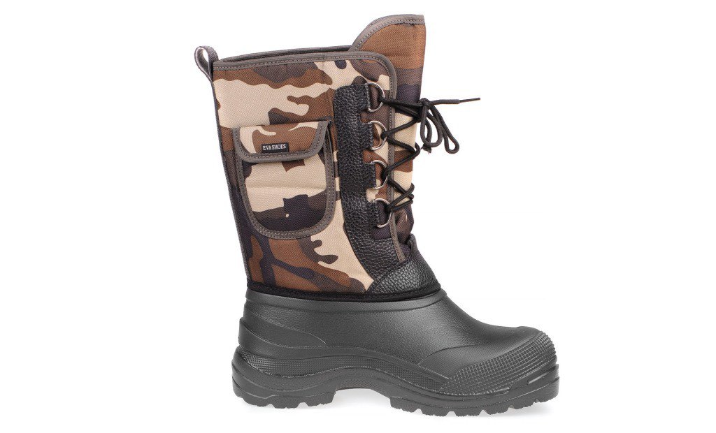 Сапоги зимние EVA Shoes Аляска (-40), цвет: черный, коричневый камуфляж. Размер 41162 Сапоги зимние EVA Shoes Аляска (-40), цвет: черный, коричневый камуфляж. Размер 41162Зимние сапоги EVA Shoes Аляска (-40) - это легкая, теплая и удобная обувь для зимней рыбалки и охоты. Галоша выполнена из ЭВА. Голенище изготовлено из прочного оксфорда. Внутри расположен съемный чулок из натурального меха с фольгой и спанбондом. На каждом из сапогов расположен небольшой кармашек на липучке. Шнурки помогают плотно прижимать сапог к ноге.
