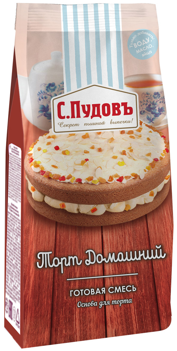 Пудовъ торт домашний, 400 г0120710 Пудовъ торт домашний, 400 г0120710Основа для домашнего торта - это ваша возможность быстро и без хлопот приготовить вкусный пирог или великолепный торт, оригинальное печенье или сладкие корзиночки под десерт. Сбалансированный состав смеси позволит получить ароматную выпечку в кратчайшие сроки.