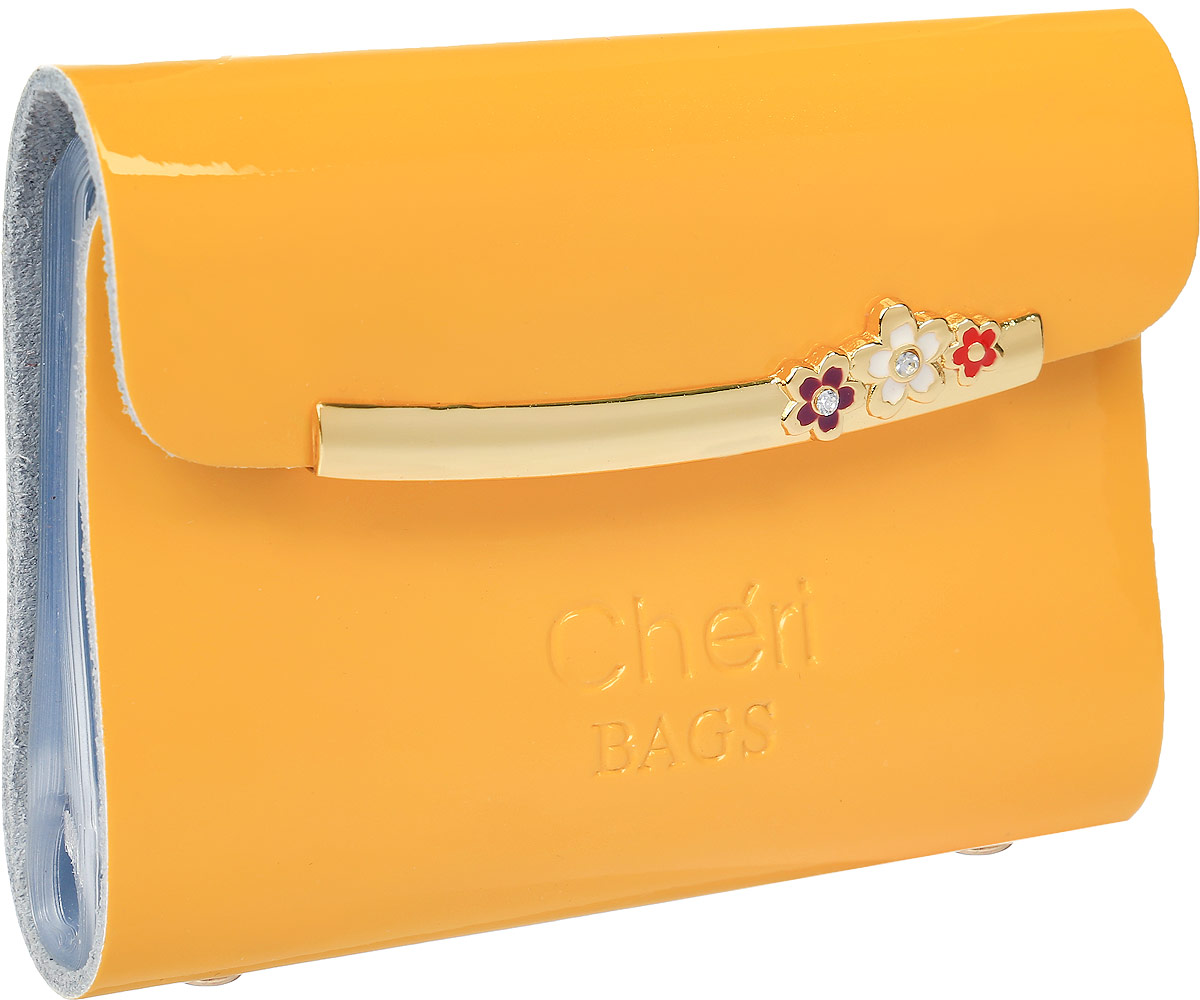 Визитница женская Cheribags, цвет: желтый. V-0494-13INT-06501 Визитница женская Cheribags, цвет: желтый. V-0494-13INT-06501Визитница Cheribags выполнена из натуральной лаковой кожи и оформлена тисненой надписью с названием бренда. Внутри расположен блок с 26 файлами для визитных и дисконтных карт. Изделие застегивается клапаном на кнопку.