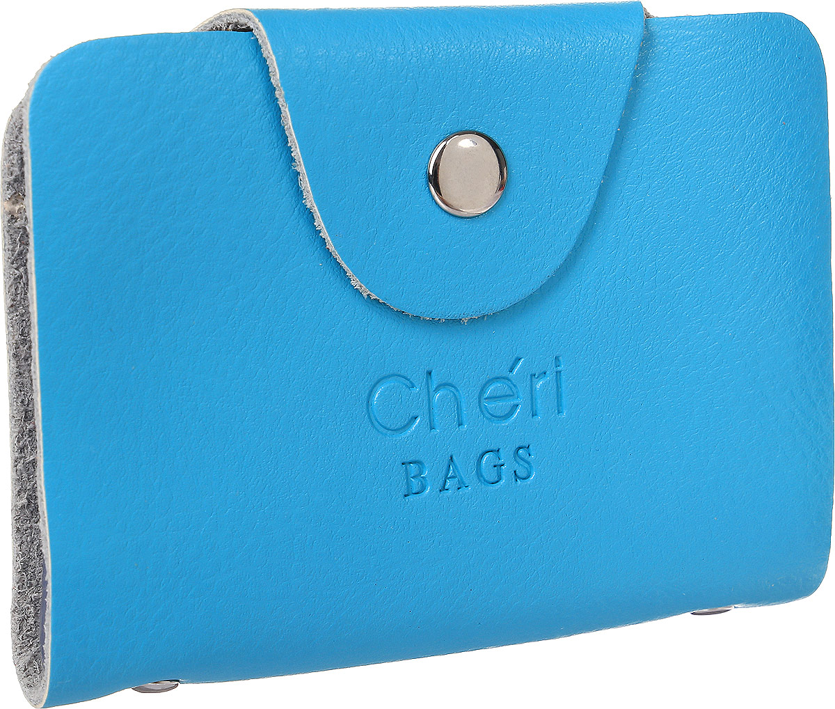 Визитница женская Cheribags, цвет: голубой. V-0489-15INT-06501 Визитница женская Cheribags, цвет: голубой. V-0489-15INT-06501Визитница Cheribags выполнена из натуральной кожи зернистой текстуры и оформлена тисненой надписью с названием бренда. Внутри расположен блок с 26 файлами для визитных и дисконтных карт. Изделие застегивается хлястиком на кнопку.