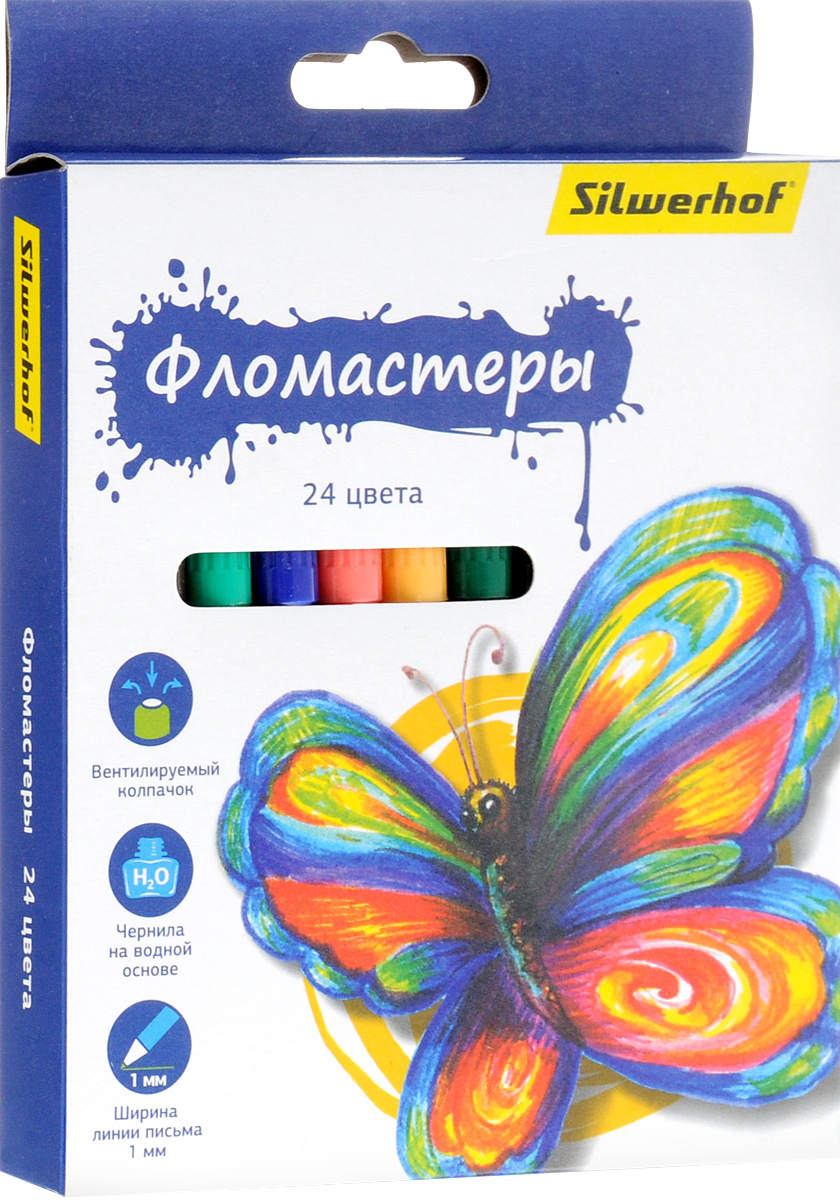 Silwerhof Фломастеры Бабочки 24 цвета72523WD Silwerhof Фломастеры Бабочки 24 цвета72523WDНабор Silwerhof Бабочки - это 24 фломастера ярких насыщенных цветов в разноцветных пластиковых корпусах (цвет корпуса соответствует цвету чернил). Каждый фломастер оснащен плотным вентилируемым колпачком, защищающим чернила от испарения.Чернила изготовлены на водной основе. Легко отстирываются и смываются с рук.Фломастеры Silwerhof - идеальный инструмент для самовыражения и развития маленького художника!