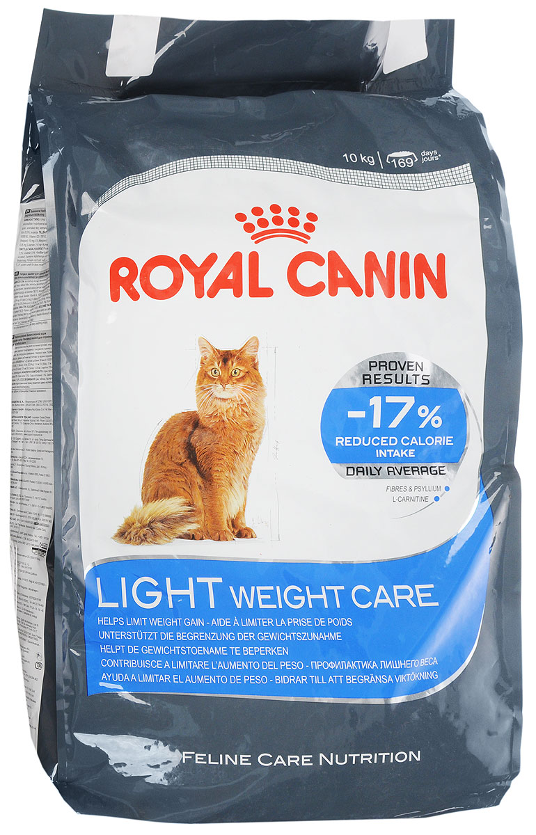 Корм сухой Royal Canin Light Weight Care, для взрослых кошек, для профилактики избыточного веса, 10 кг0120710 Корм сухой Royal Canin Light Weight Care, для взрослых кошек, для профилактики избыточного веса, 10 кг0120710Сухой корм Royal Canin Light Weight Care является полнорационным сбалансированным кормом для взрослых кошек, склонных к избыточному весу. Содержание клетчатки и подорожника позволяет на 17% снизить калории, получаемые кошкой, при этом полностью удовлетворяя ее аппетит. Высокое содержание белка помогает сохранять мышечную массу, а L-карнитин способствует сжиганию жиров.Состав: изолят растительных белков, дегидратированные белки животного происхождения (птица), злаки, растительная клетчатка, рис, гидролизат белков животного происхождения, животные жиры, минеральные вещества, свекольный жом, дрожжи, рыбий жир, оболочки и семена подорожника 0,5%, соевое масло.Добавки в 1 кг: витамин А 19100 МЕ, витамин D3 700 МЕ, железо 32 мг, йод 3,2 мг, марганец 42 мг, цинк 126 мг, селен 0,05 мг, L-карнитин 210 мг.Содержание питательных веществ: белки 40%, жиры 10%, минеральные вещества 7,4%, клетчатка пищевая 8,4%, общая клетчатка 15,8%, медь 15 мг/кг.Товар сертифицирован.