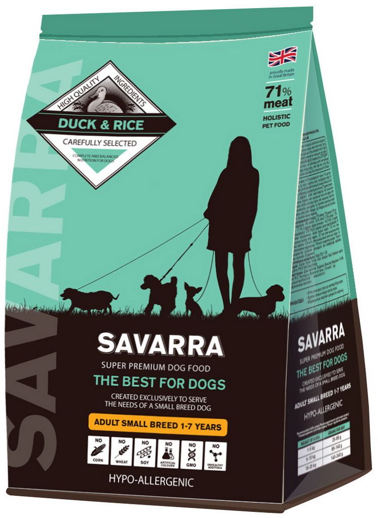 Корм сухой Savarra для взрослых собак мелких пород, с уткой и рисом, 1 кг101246 Корм сухой Savarra для взрослых собак мелких пород, с уткой и рисом, 1 кг101246Сухой корм Savarra - это гипоаллергенный полнорационный корм для взрослых собак мелких пород.Утиное мясо является более богатым источником незаменимых аминокислот. Важно и то, что состав мяса утки содержит в два раза больше витамина А, чем любой другой вид мяса. Польза этого витамина, а значит, и польза мяса утки в том, что они помогают улучшить состояние кожи и обострить зрение. Питание для взрослых собак мелких пород полностью способно удовлетворить все потребности организма животного в питательных веществах, витаминах и минералах.Состав: свежее мясо утки, дегидрированное мясо утки, овес, ячмень, коричневый рис, белый рис, жир индейки, дегидрированное мясо лосося, семена льна, дегидрированное яйцo, люцерна, натуральный ароматизатор, просо, горох, витамин А (ретинола ацетат), витамин D3 (холекальциферол), витамин Е (альфа-токоферола ацетат), аминокислотный хелат цинка гидрат, аминокислотный хелат железа гидрат, аминокислотный хелат марганца гидрат, аминокислотный хелат меди гидрат, помидоры, цикорий, соль, глюкозамин гидрохлорид, сульфат хондроитина, яблоко, морковь, ромашка, морские водоросли, экстракт зеленого чая, петрушка, розмарин, зеленые мидии.Пищевая ценность: белки - 27%, масла и жиры - 17%, клетчатка - 2.5%, зола - 8%, влажность - 8%, омега-6 - 2.81%, омега-3 - 0.79 %, кальций - 1.39 %, фосфор - 1.11 %, витамин А (ретинола ацетат) - 14423 МЕ/кг, витамин D3 (холекальциферол) - 2163 МЕ/кг, витамин Е (альфа-токоферола ацетат) - 96 мг/кг, аминокислотный хелат цинка гидрат - 321 мг/кг, аминокислотный хелат железа гидрат - 321 мг/кг, аминокислотный хелат марганца гидрат - 224 мг/кг, аминокислотный хелат меди гидрат - 144 мг/кг, глюкозамин гидрохлорид - 185 мг/кг, сульфат хондроитина - 120 мг/кг антиоксиданты (сохранено с помощью экстракта розмарина и смеси токоферолов (Витамин Е).Энергетическая ценность: Ккал/100 г = 370.Товар сертифицирован.