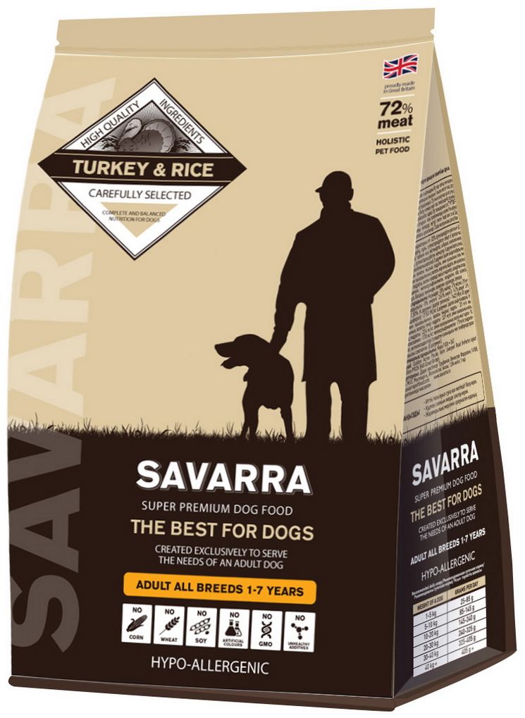 Корм сухой Savarra для взрослых собак, с индейкой и рисом, 1 кг00-00001269 Корм сухой Savarra для взрослых собак, с индейкой и рисом, 1 кг00-00001269Сухой корм Savarra - это гипоаллергенный полнорационный корм для взрослых собак всех пород.Изготовлен на основе свежего мяса индейки, мяса наиболее диетического и нежного, обладающего прекрасной усвояемостью и содержанием питательных веществ. Совершенно очевидно, что польза индейки в том, что ее мясо содержит в большом количестве такие витамины, как А и Е. По содержанию такого вещества, как натрий индейка существенно опережает даже говядину и телятину. Польза индейки в том, что благодаря натрию с употреблением этого мяса происходит пополнение объемов плазмы в крови и обеспечиваются нормальные обменные процессы. Рацион Savarra содержит все необходимое для удовлетворения потребностей животного в питательных веществах, витаминах и минералах. Состав: свежее мясо индейки, дегидрированное мясо индейки, коричневый рис, ячмень, овес, дегидрированное мясо лосося, жир индейки, семена льна, натуральный ароматизатор, горох, мякоть свеклы, масло лосося, дегидрированное яйцо, витамин А (ретинола ацетат), витамин D3 (холекальциферол), витамин Е (альфа-токоферола ацетат), аминокислотный хелат цинка гидрат, аминокислотный хелат железа гидрат, аминокислотный хелат марганца гидрат, аминокислотный хелат меди гидрат, холина хлорид, зеленые мидии, экстракт цикория, глюкозамин, метилсульфонилметан, хондроитин, морковь, помидоры, ромашка, соль, водоросли, клюква, петрушка, черника, шпинат.Пищевая ценность: белки - 28%, масла и жиры - 17%, клетчатка - 2.5%, зола - 8.5%, влажность - 8%, омега-6 - 2.61%, омега-3 - 1.47%, кальций - 1.81%, фосфор - 1.30%, витамин А (ретинола ацетат) - 14423 МЕ/кг, витамин D3 (холекальциферол) - 2163 МЕ/кг, витамин Е (альфа-токоферола ацетат) - 96 мг/кг, аминокислотный хелат цинка гидрат - 321 мг/кг, аминокислотный хелат железа гидрат - 321 мг/кг, аминокислотный хелат марганца гидрат - 224 мг/кг, аминокислотный хелат меди гидрат - 144 мг/кг, глюкозамин - 170 мг/кг, метилсульфонилметан - 170 мг/кг, хондроитин - 120 мг/кг, антиоксиданты (сохранено с помощью экстракта розмарина и смеси токоферолов (Витамин Е).Энергетическая ценность: Ккал/100 г = 367.Товар сертифицирован.