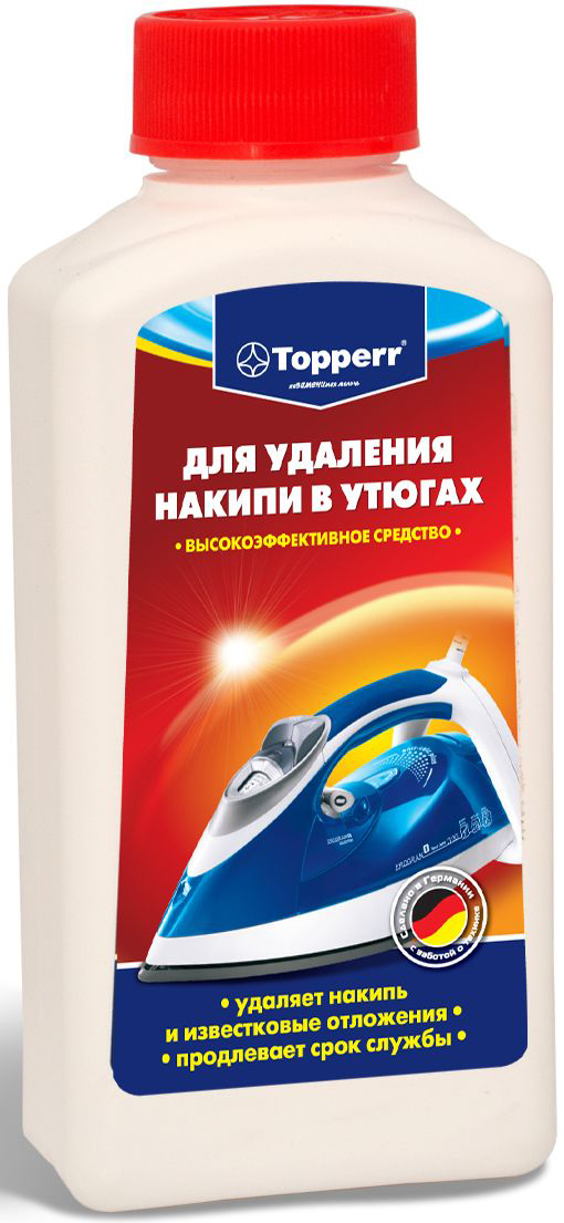 Средство от накипи для утюгов Topperr, 250 мл3003 Средство от накипи для утюгов Topperr, 250 мл3003Концентрированное средство Topperr для очистки от накипи утюгов за счет высокой концентрации эффективно удаляет образовавшийся в процессе использования известковый налет. Бережно относится к внутренним деталям утюга и продлевает срок службы. Не токсично.Способ применения:Наполните емкость на 2/3 водой и 1/3 средством от накипи. Нагрейте утюг в вертикальном положение и в паровом режиме. Когда он нагреется, выключите его из сети и поставьте горизонтально. Подождите 2 часа, чтобы средство подействовало. Вылейте средство и промойте емкость несколько раз. Снова заполните емкость водой, нагрейте утюг и несколько раз нажмите кнопку подачи пара. Тщательно очистите основание. Перед глаженьем одежды примените паровую функцию на малочувствительной материи. Если известковое отложение не удаляется, повторите операцию, возможно, добавив в раствор больше средства от накипи.
